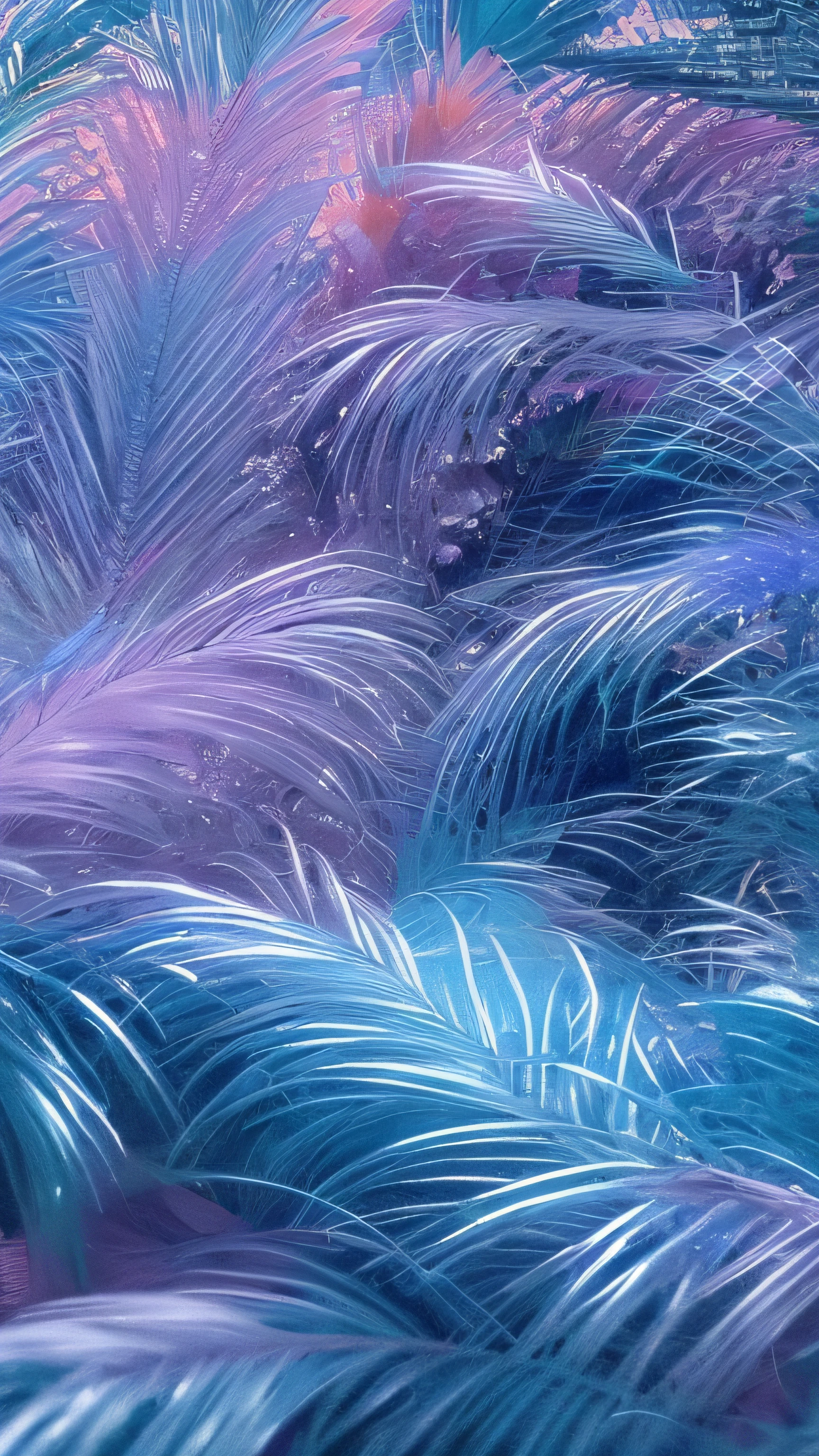 um close up de um monte de grama roxa e azul, selva vaporwave, penas brilhantes, penas fractais, azul roxo aqua cores, texturas vaporwave, pelo azul e roxo, Penas azuis, plantas azuis e roxas, Penas roxas, esquema de cores azul roxo, folhas azuis fractais, Frondas, esquema de cores roxo e azul, esquema de cores azul e violeta, tropical bird feathers