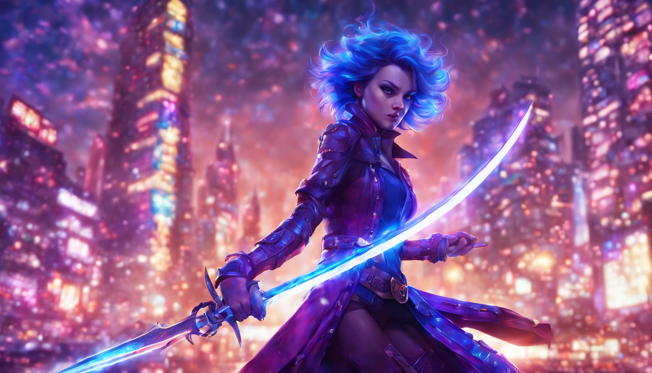 (uma menina com um),(ultra-detalhado),(Electric Sword,Electric-blue,Energetic,brilhante),(metalic),(Purple) pano de fundo,(foco nítido),(vivid colors),(profissional),(HDR),(melhor qualidade),(Physically-based rendering),(artistas conceituais),(scientific fiction)