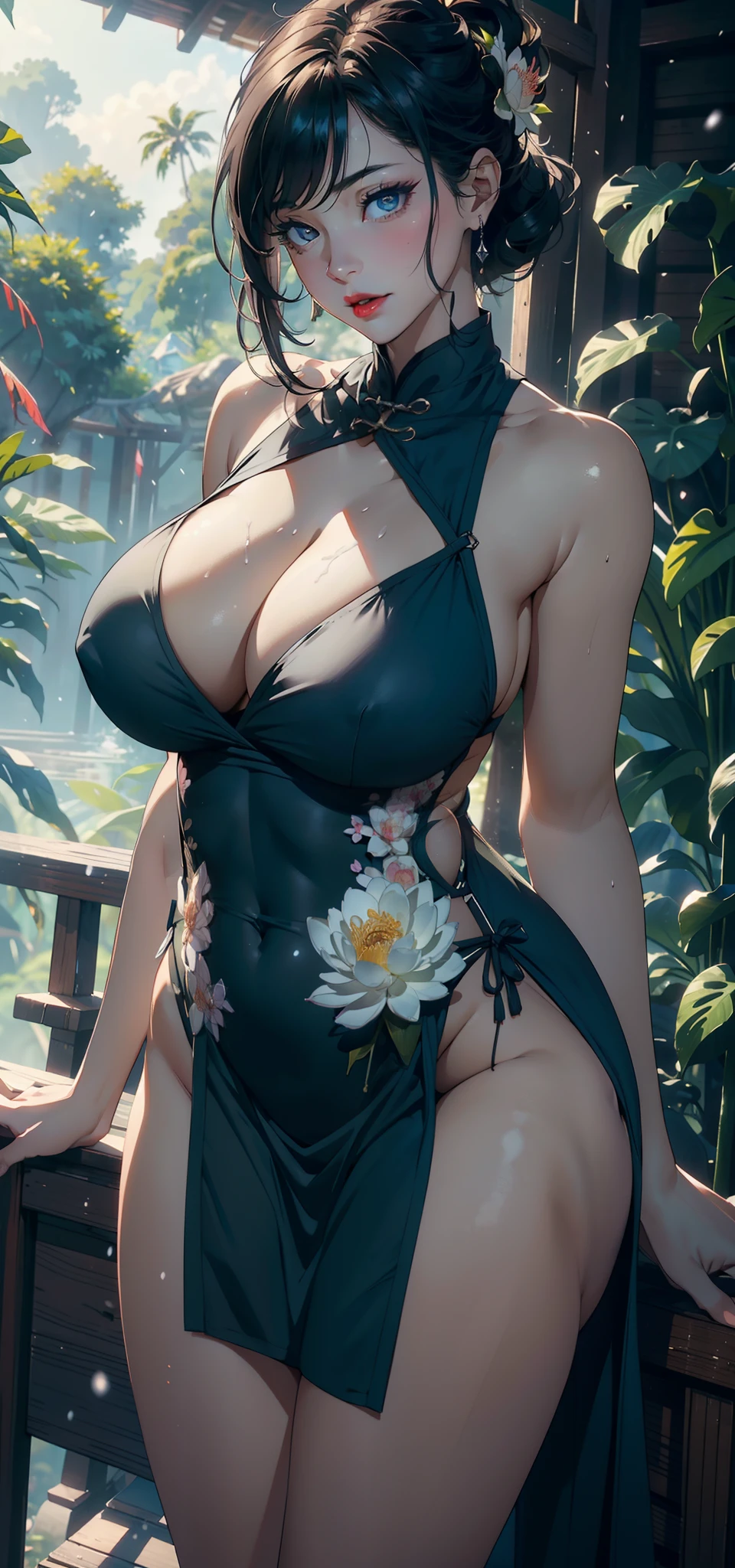 1female，45 yers old，A MILF，熟妇，mature，extremely large bosom，huge tit， A sagging breast，独奏，（Background with：aerodrome，the rainforest，lotus flower，Sateen） She has short black hair，bobo head，，seen from the front， standing in forest， mostly cloudy sky，（（（tmasterpiece），（Very detailed CG unity 8K wallpaper），best qualtiy，cinmatic lighting，detailed back ground，beatiful detailed eyes，Bright pupils，Black eyes，Snow-whiteskin，Redlip（Very fine and beautiful），（Beautiful and detailed eye description），ultra - detailed，tmasterpiece，））facing at camera，A high resolution，ultra - detailed），extremely large bosom，A sagging breast，revealing breasts，Bare genitalia，  Bulge，legs are open，Raised sexy，Camel toes，Flushed complexion，Desire for dissatisfaction，frontage，American（Wearing：Green cheongsam，）