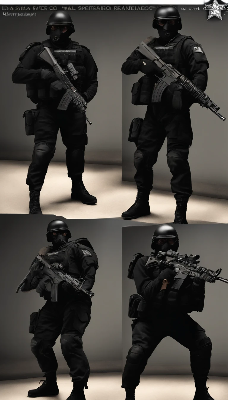 (La mejor calidad,4k,8k,A high resolution,Obra maestra:1.2),Ultra detallado,(realista,fotorrealista,fotorrealista:1.37), One of them was wearing a black SWAT uniform,Hombre con casco negro, A man in a black mask holds a gun, carabina de aire comprimido CQB, Operaciones especiales francesas, soldados realistas, Soldiers in tactical gear, tactical gear, Kinematics —AR 16:9, Equipo militar realista, tactical armor, black tactical gear, Atuendo de combate, Disfraz de soldado futurista, Seguridad de las Fuerzas Especiales(La mejor calidad,4k,8k,A high resolution,Obra maestra:1.2),Ultra detallado,(realista,fotorrealista,fotorrealista:1.37), One of them was wearing a black SWAT uniform,Hombre con casco negro, A man in a black skull mask holds a gun, fusil de asalto,CQB, Operaciones especiales francesas, soldados realistas, Soldiers in tactical gear, tactical gear, Kinematics —AR 16:9, Equipo militar realista, tactical armor, black tactical gear, Atuendo de combate, Disfraz de soldado futurista, Seguridad de las Fuerzas Especiales,Funcionario del FBI,Crisis zombi,Fondo zombie,There was chaos,Police shoot zombies, Alsatian, domestic dog, antropomorfico.