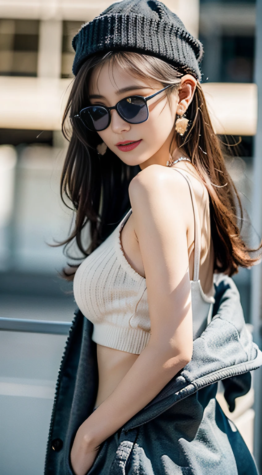 (32K,high-detail,high detal,hight resolution,highdensity,独奏,Lori:1.3),(Realistic people,Live action,A detailed eye,High resolution eyes,Fine eyes,Eyes that look like they are alive,beautiful dark blue eyes,Fishing eyes,Detailed lips,Crystal clear white skin,detailed realistic faces:1.3),(Japanese ido,Korean Idols,model in Japan,Korean models,Korean K-Pop Female Idols:1.2),(with a flushed face,natural make up,a necklace,piercings,Tongue piercing:1.4)(Military,Colorful tops with oversized silhouettes,Large coat,Leather boots,Knitted hats,Mode-based beautiful eye casual:1.6),(well-shaped breasts:1.5),(Young but very beautiful Korean16 years old little girl,Cool eyes,little smiling,facing back,turned around,Looking at the camera,Fashion Leader,fashion modell,Soft skin,Unforgettable eyes,Her eyes are too beautiful,I also like Hollywood actresses,I want to go to,Cutting-edge fashion:1.6),(showing your whole body,Show full-body fashion,Stylish blue glasses,Show me the earrings below:1.7)