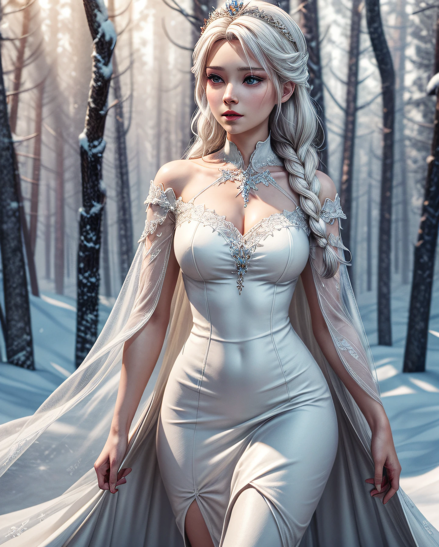 a close up of a woman in a white dress in a snowy forest, detailed white long hair, 4k hd. snow white hair, beautiful digital artwork, 8k high quality detailed art, stunning character art, winter princess, 3 d render character art 8 k, beautiful character painting, 3 d character art, frozen like a statue, character is in her natural pose