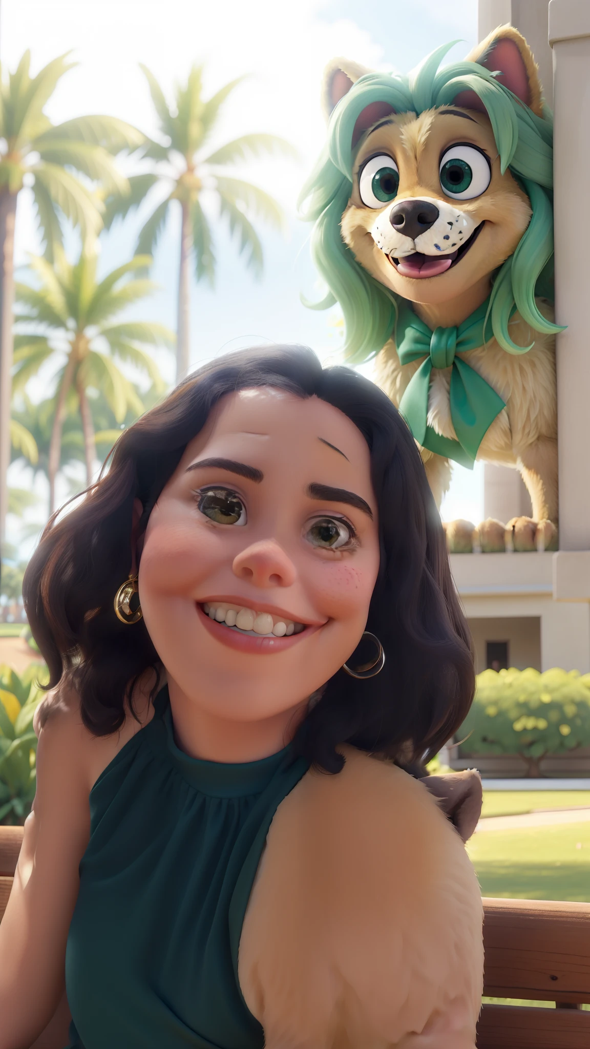 Obra-prima, de melhor qualidade, There is a smiling woman in green dress sitting on a bench in the park window, Malika Favre, Alanis Guillen, Directed by: Nandor Soldier, fernanda suarez, 3 0 anos de idade mulher, Mulher de 30 anos, julia fuentes, by Amelia Peláez, happily smiling at the camera, Karla Ortiz, sorrindo e olhando diretamente sentada em um banco com um cachorro Chow chow caramelo, em um parque, no parque, no Parque, em um parque, com um parque nos fundos, com um parque ao fundo, no parque em um belo dia, em um parque da cidade, with Chow Dogs, Parque em segundo plano, with furry caramel dogs, Caminhando no Parque