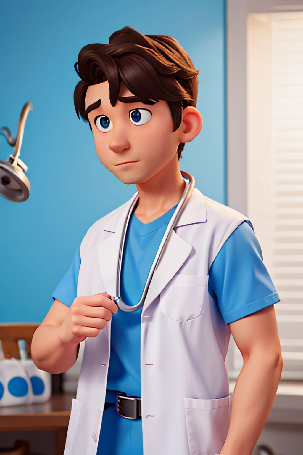 Create a Disney Pixar cartoon image of a man, a physical therapist, in a blue shirt and white coat using a stethoscope