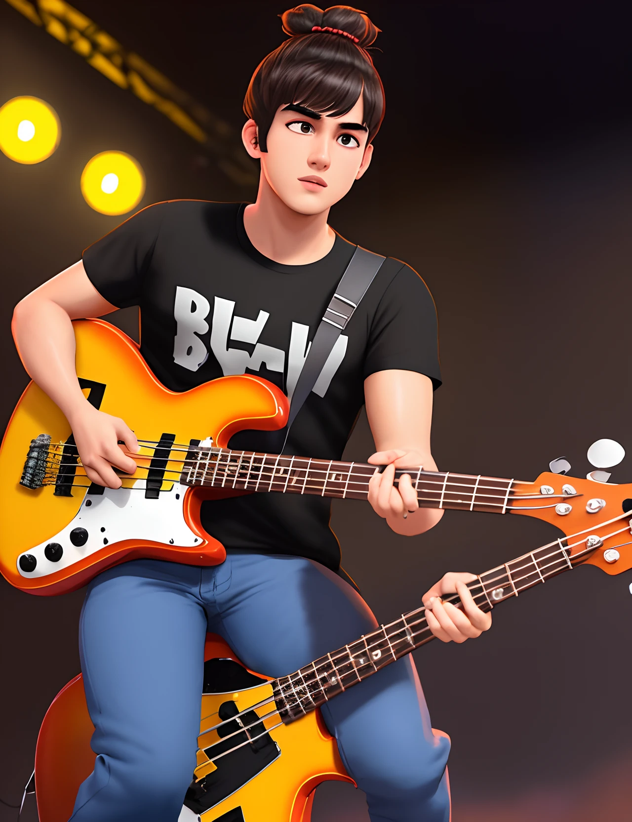 A Pixar 3d style, Browned skin 20 years old Guy, topknot, goated chin, no glasses, keel nose, big eyes and eyebrows, Black shirt, BLUE trousers, playing Bass, on a stage