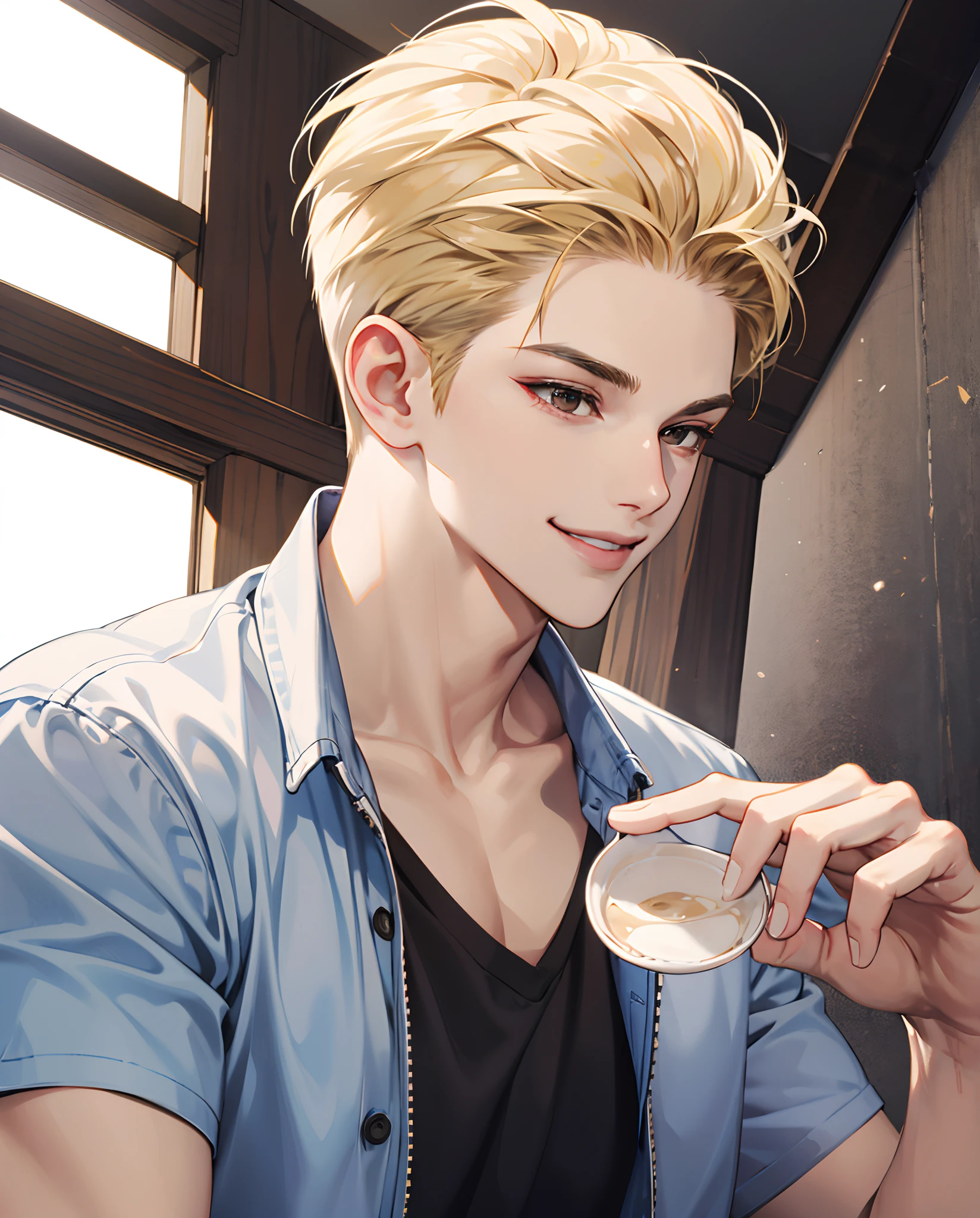 Blonde boy with slicked back hair, brown eyes, smiling blue t-shirt