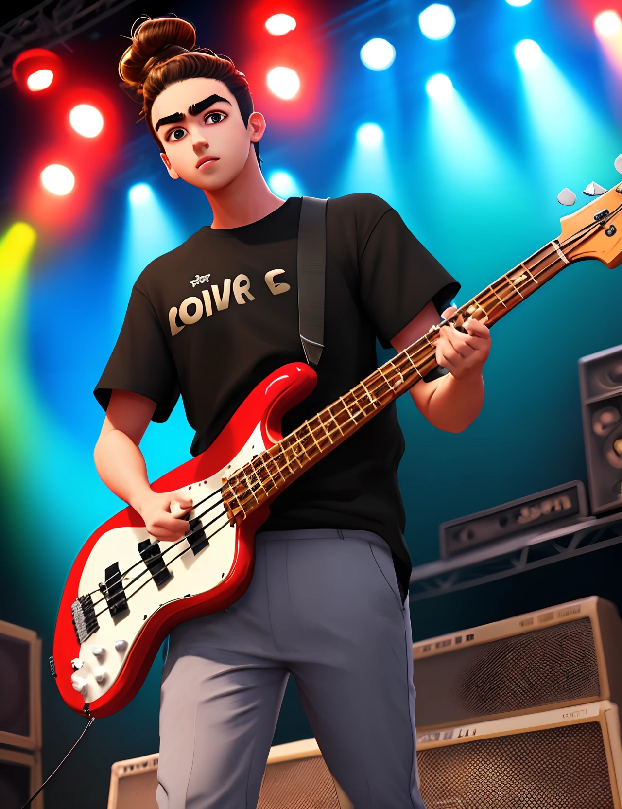 A Pixar 3d style, Browned skin 20 years old Guy, topknot, goated chin, no glasses, keel nose, big eyes and eyebrows, Black shirt, BLUE trousers, playing Bass, on a stage