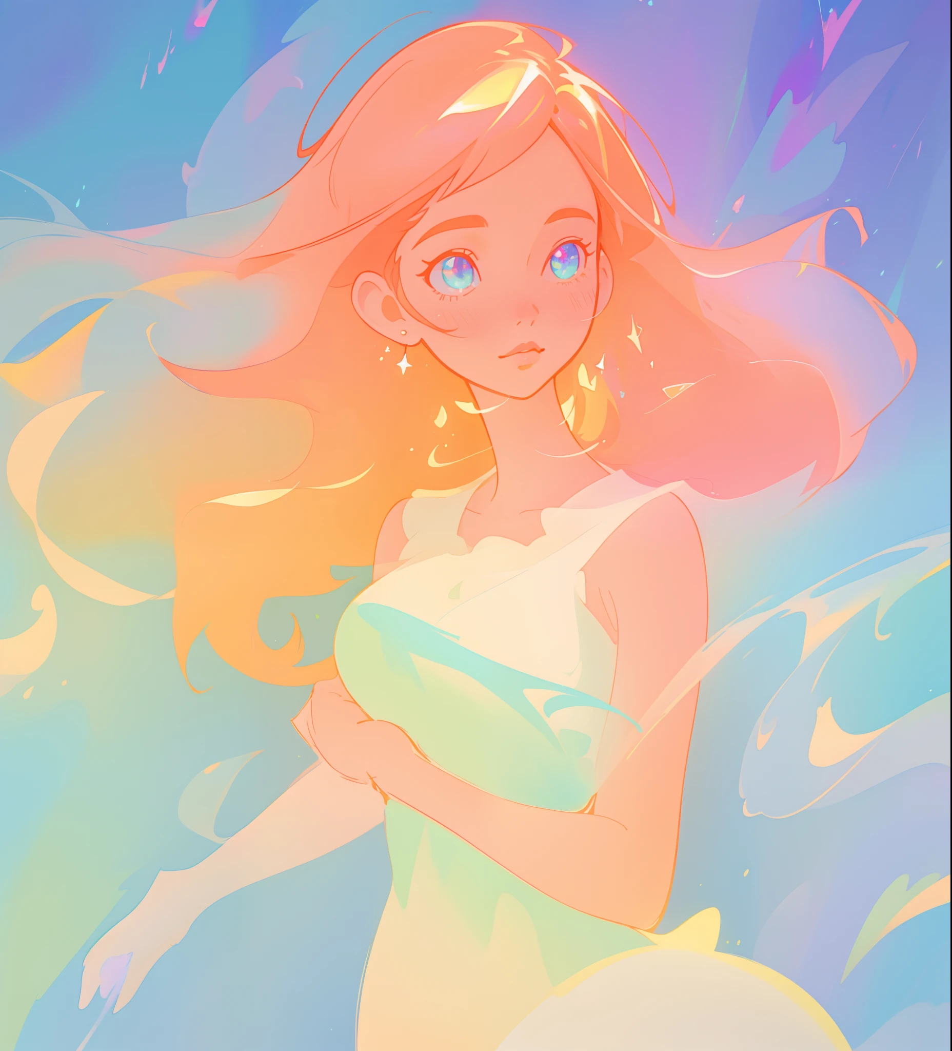 beautiful girl in flowing white dress, vibrant pastel colors, (colorful), magical lights, long flowing colorful peach hair, inspired by Glen Keane, inspired by Lois van Baarle, disney art style, by Lois van Baarle, glowing aura around her, by Glen Keane, jen bartel, glowing lights! digital painting, flowing glowing hair, glowing flowing hair, beautiful digital illustration, fantasia background, whimsical, magical, fantasy, beautiful face, ((masterpiece, best quality)), intricate details, highly detailed, sharp focus, 8k resolution, sparkling detailed eyes, liquid watercolor