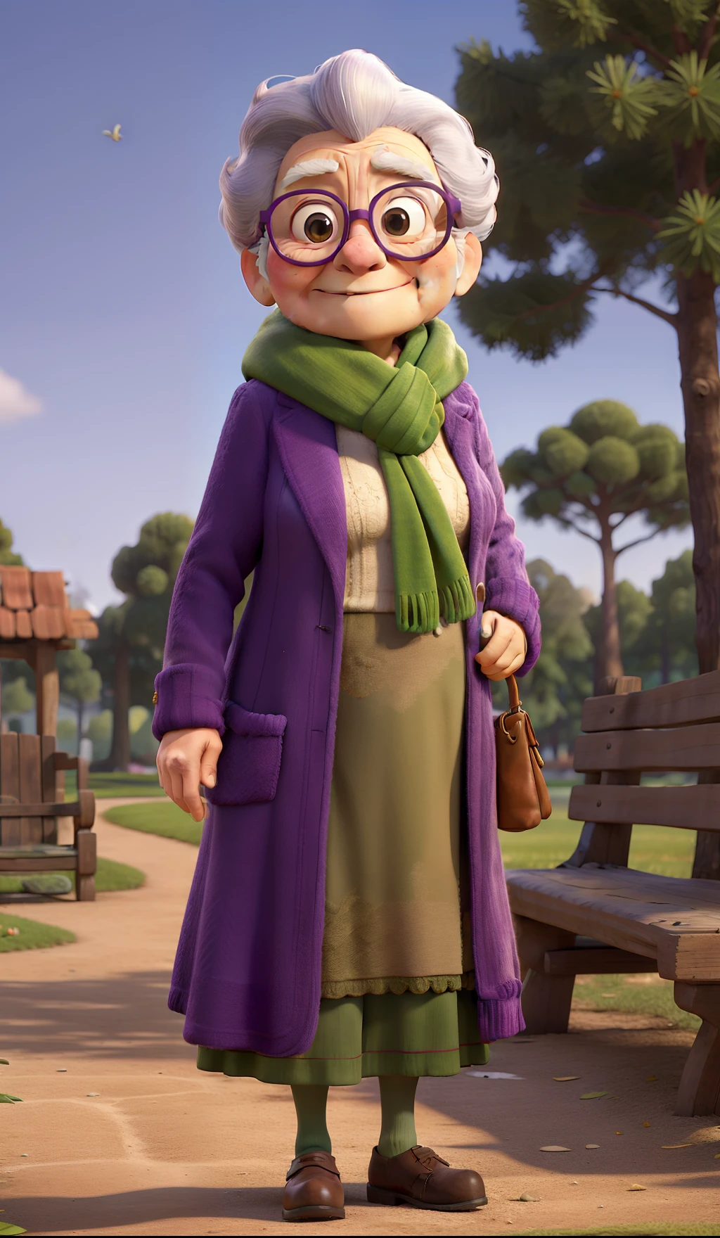 masterpiece, best quality, an old woman with glasses and a scarf on, wearing a purple coat and green scarf, standing at the park