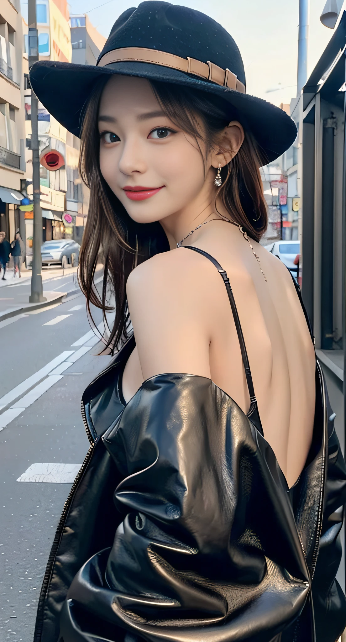 (32K,high-detail,high detal,hight resolution,highdensity,独奏:1.3),(Realistic people,Live action,A detailed eye,High resolution eyes,Fine eyes,Eyes that look like they are alive,beautiful dark blue eyes,Fishing eyes,Detailed lips,Crystal clear white skin,detailed realistic faces:1.3),(Japanese ido,Korean Idols,model in Japan,Korean models,Korean K-Pop Female Idols:1.2),(with a flushed face,natural make up,a necklace,piercings,Navel piercing:1.4)(Cargo pants,Colorful tops with oversized silhouettes,Coat with a large silhouette,Leather boots,Hats,Mode-based beautiful eye casual:1.6),(well-shaped breasts:1.5),(Sexy and very beautiful koreans16 years girl,Cool eyes,little smiling,facing back,turned around,Looking at the camera,Fashion Leader,fashion modell,Soft skin,Unforgettable eyes,Her eyes are too beautiful,I want to go to Paris Collection.....,Cutting-edge fashion:1.6),(showing your whole body,Show full-body fashion,Fashion that stands out:1.7)