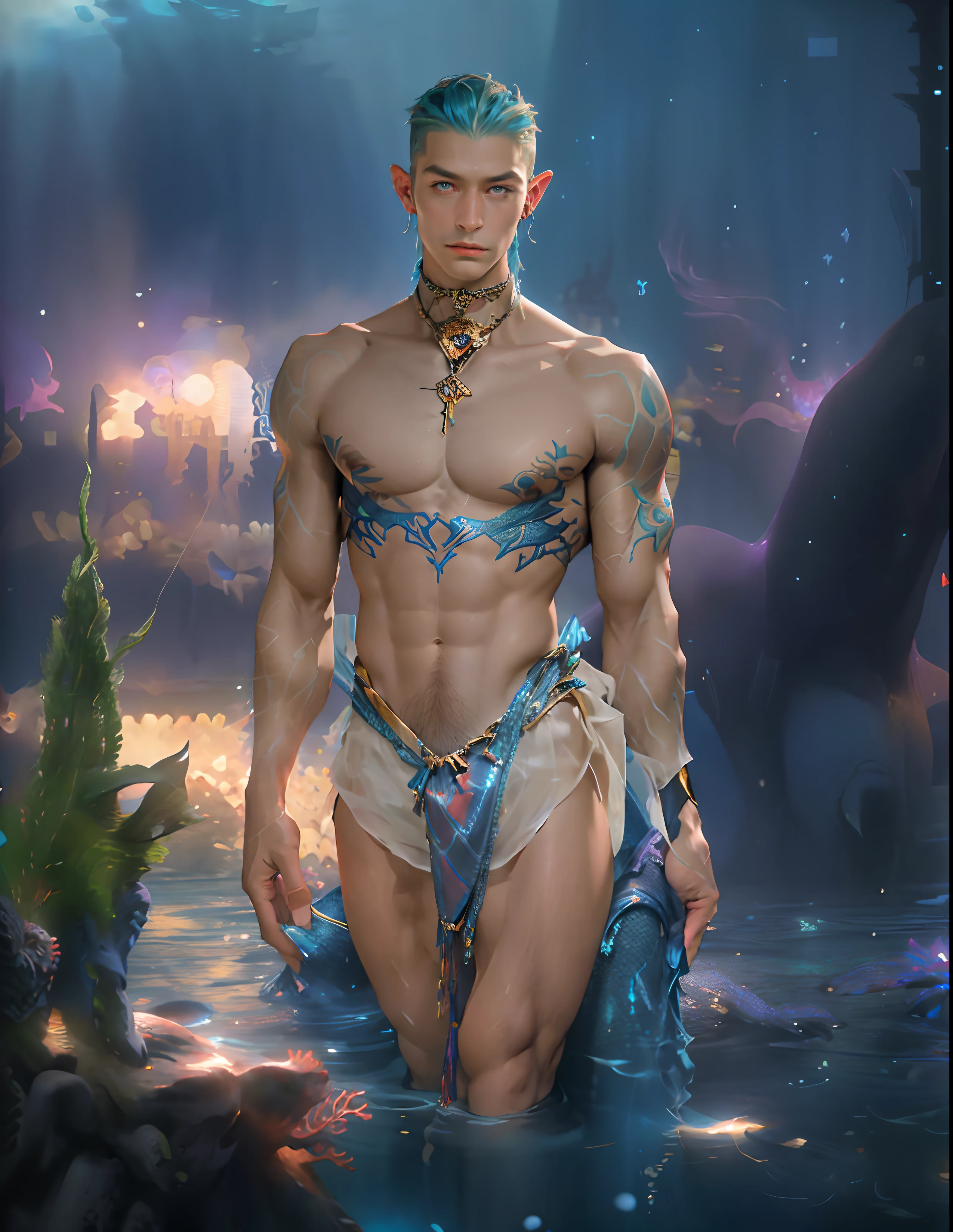 there is a digital painting of a black man in a bikini in the water, elven male, skinny male fantasy alchemist, djinn man male demon, male djinn man demon hybrid, trendin on artstation, djinn human hybrid, attractive male deity, skinny male fantasy scientist, male warrior, beautiful male elf, atlantean warrior, hyperdetailed fantasy character (Young Man Prince) in costume admires a beautiful aquarium (mermaid man), swims (stares intently). Light blue-green water shimmer (long hair: 1.3) with rainbow scales and a strong tail (well-defined muscles) shine in the water (charming and fascinating). face expression, carefully and attentively fish and coral (shining and translucent), bubbles (shining and translucent), Cute Face, Eyes, Scales, Fluorescent, Gorgeous as No Reality,Best Quality, Masterpiece, Ultra High Resolution,8K, Masterpiece, NSFW High Quality,Highly Detailed Wallpaper ,Detailed and exquisite facial expression, Gentle expression,{{{{Men Beautiful Face}}}, exquisitely detailed eyes, shirtless, bare-chested,