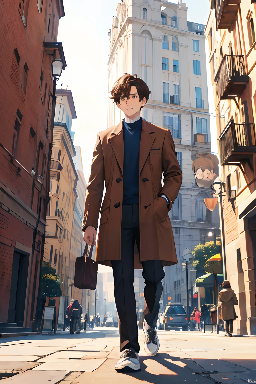 Create a Pixar UP character with great adventures. Rodrigo Dias Zangirolami, Italian, 1.72m tall. Brown hair, worn overcoat, short shirt, brown jacket, short socks, short and long Nike sneakers. Journalist, business consultant, walking, walking.