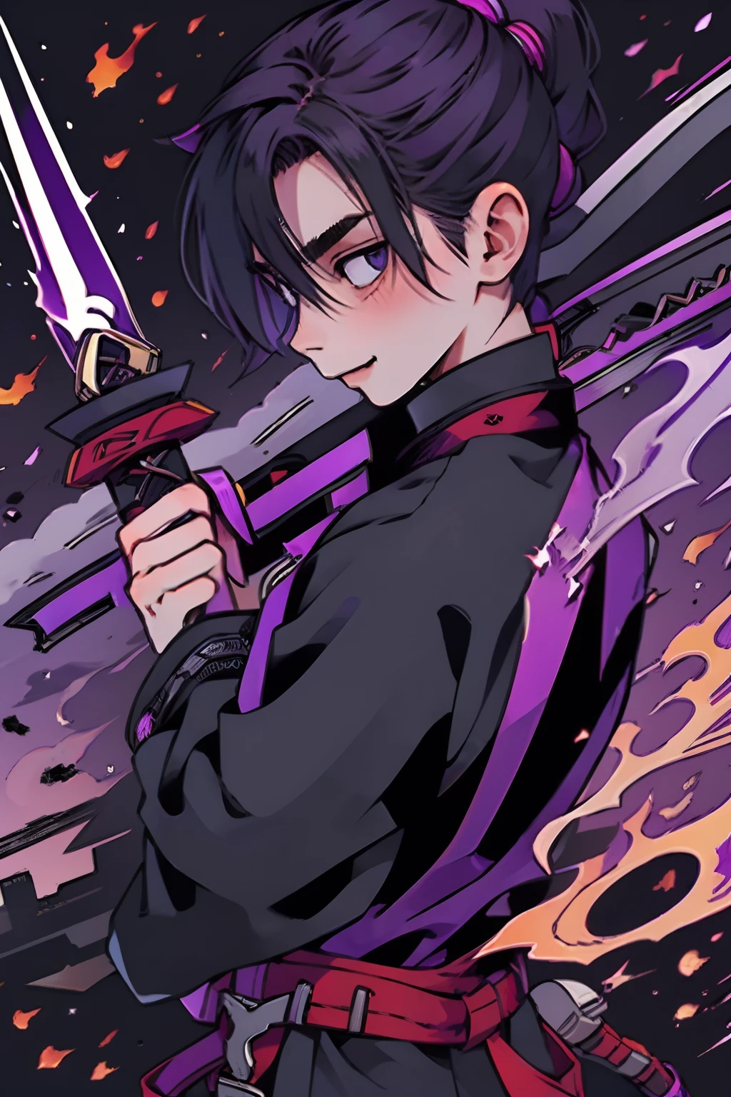 1 boy, man, 22 years old, lean, fitness, pale skin, dark hair, long hair, ponytail, pale skin, purple blush, happy expression, smiling, cursed dark katana, black kimono, destroyed city background, ashes, flames, fire