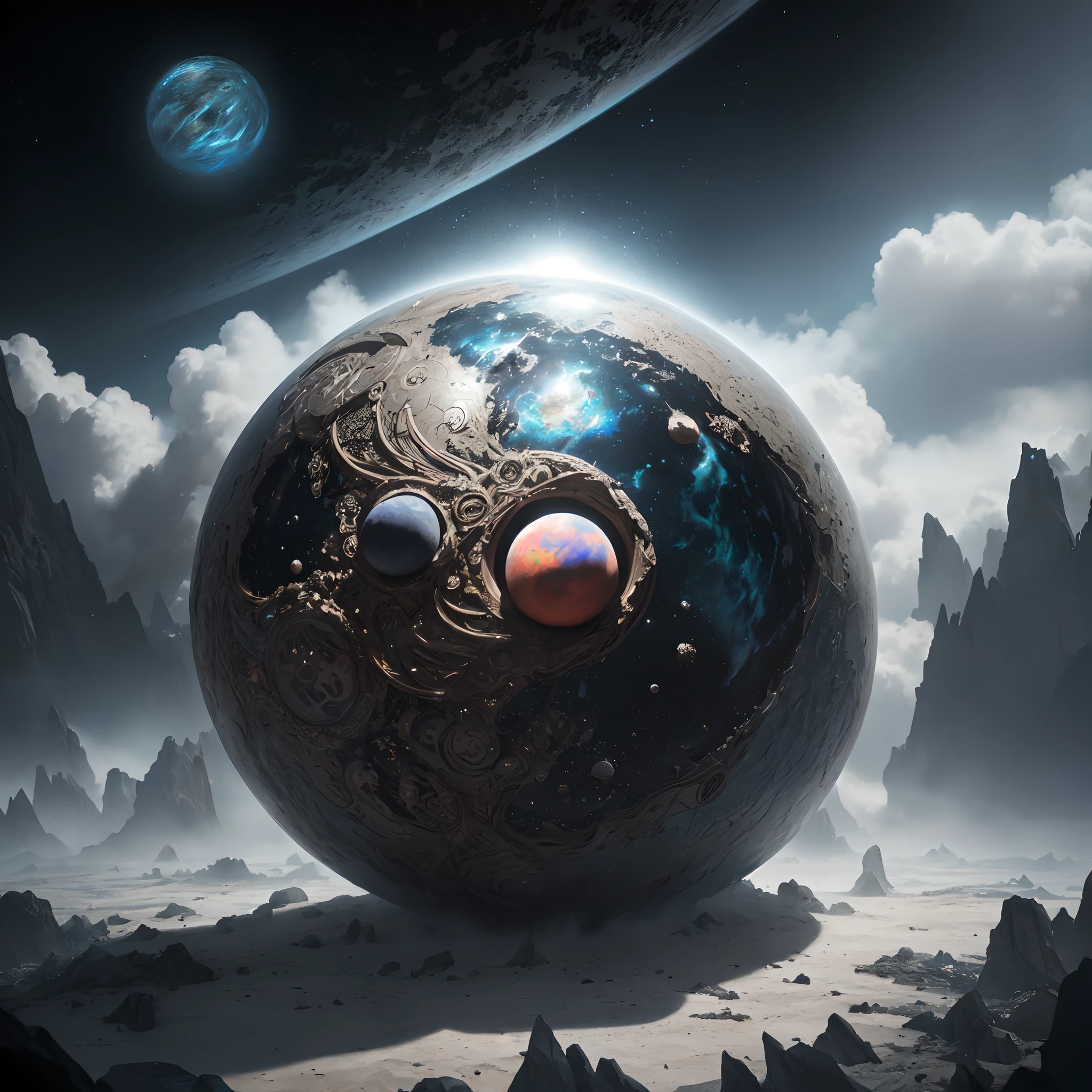 Science fiction imagination, Cosmic planet, A planet made up of gas clouds and black diamonds, unnerving, darkly, Sharp and broken, hyper HD, photorealestic, vivd colour, highly  detailed, Ultra HD drawing, pen and ink, perfect compositions, Beautiful details intricate，Crazy meticulous octane rendering trend on art station, 8K art photography, Arte conceptual fotorrealista, Soft, natural volumetric film perfect light, hyper HD, photorealestic, vivd colour, highly  detailed, Ultra HD drawing, pen and ink, perfect compositions, beautiful detailed intricate insanely detailed octane render trending on artstation, 8K art photography, Arte conceptual fotorrealista, soft natural volumetric cinematic perfect light