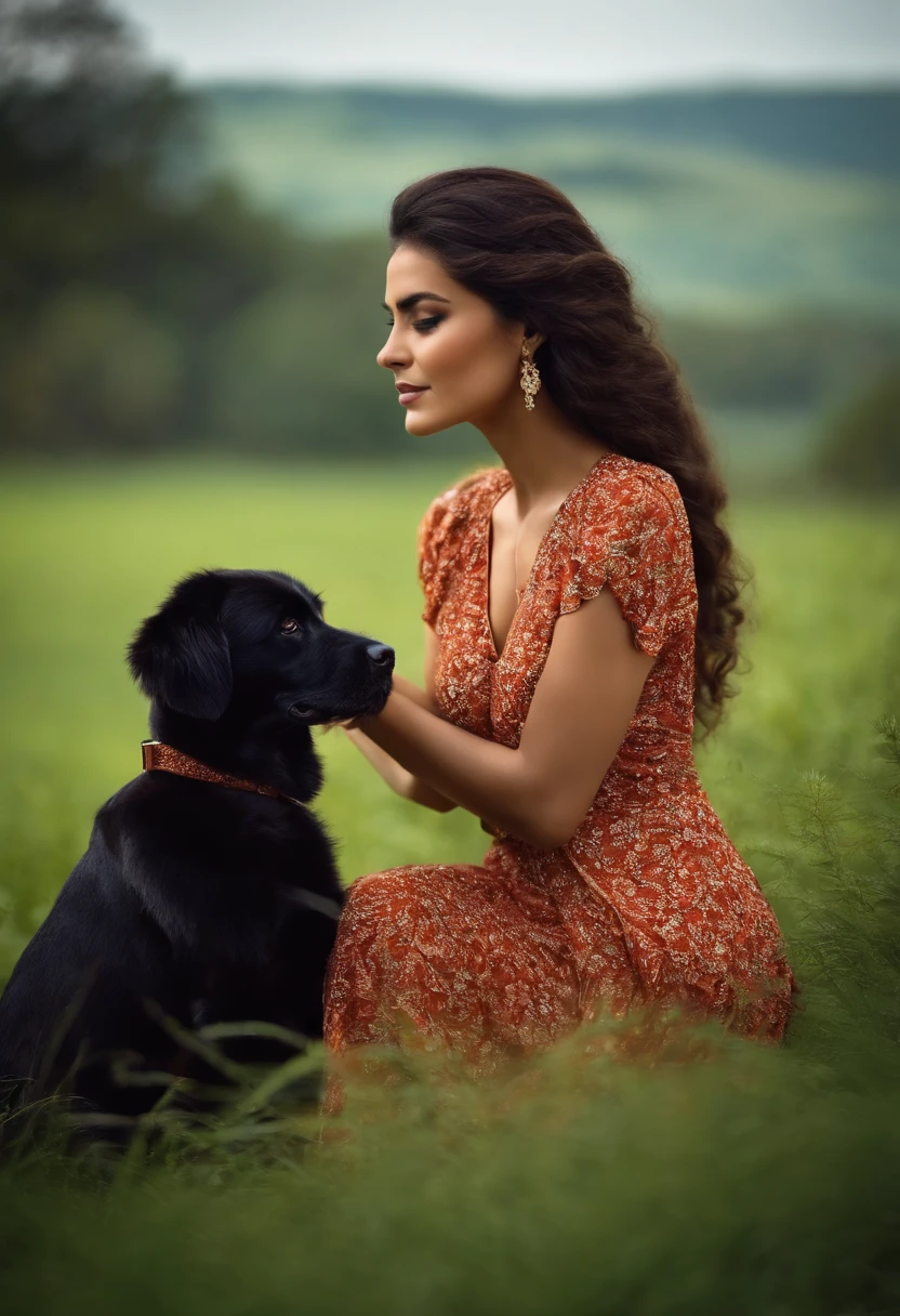 Mulher baixa morena de cabelo liso escuro e comprido com um cachorro bem grande e preto no colo