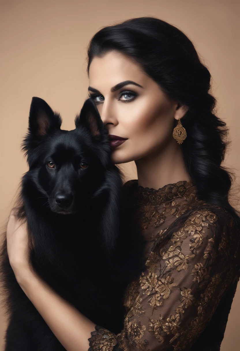 Mulher baixa morena de cabelo liso escuro e comprido com um cachorro bem grande e preto no colo