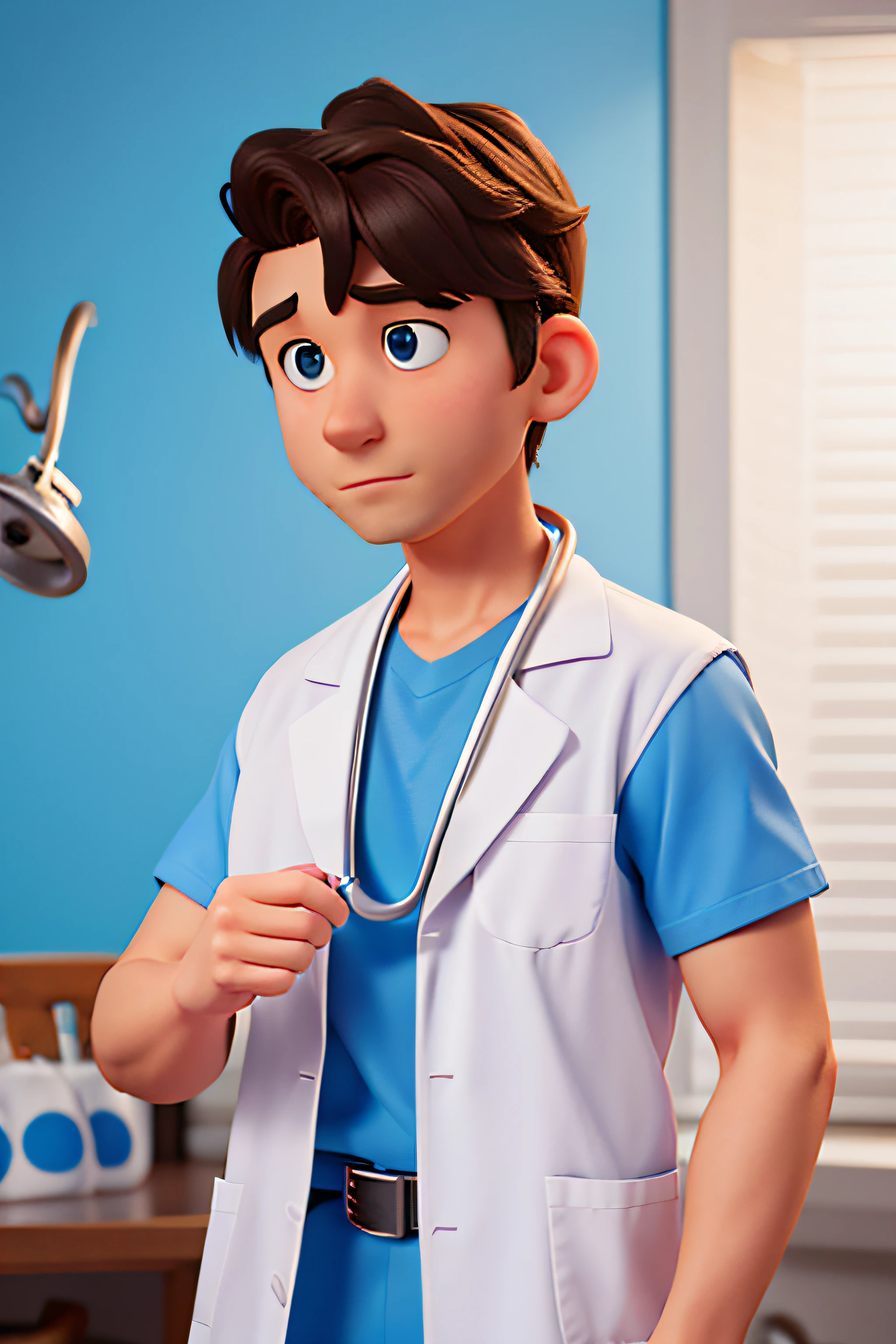 Create a Disney Pixar cartoon image of a man, a physical therapist, in a blue shirt and white coat using a stethoscope