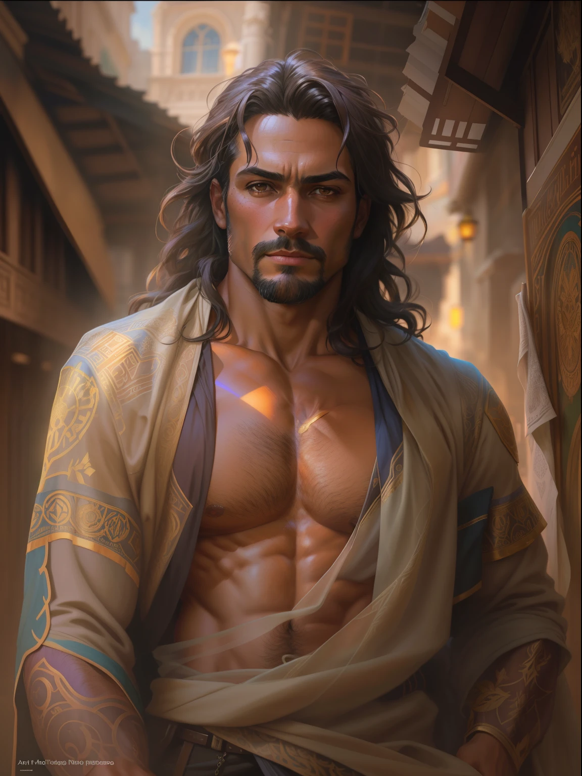 (Masterpiece) An extraordinarily handsome gipsy man wrapped in old dirty cloth, wide angle, ((detailed environment)), muscular, fit, heavenly handsome, atractive, very seductive, detailed background, lifelike, ((highly detailed)), ((intricate)), detailed face, natural colors, ((((professionally color graded)))), photorealism, 8k, crisp lighting, trending on tumblr, art by artgerm and greg rutkowski and alphonse mucha and loish and WLOP