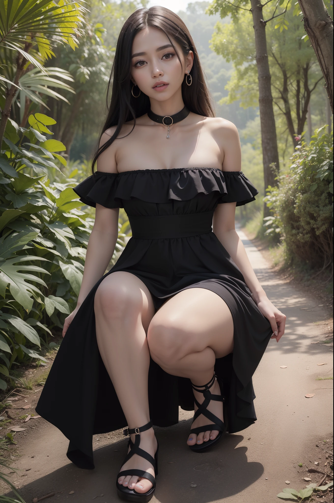 8k, Obra maestra, Foto RAW, La mejor calidad, detalle:1.2), foto realista, Fondos de pantalla CG unificados 8k extremadamente detallados, Profundidad de campo, cinematic light, Destello de lente, Trazado de rayos, (cara extremadamente hermosa, labios hermosos, Hermosos ojos), Cara de detalle intrincado, ((Piel ultra detallada)) 1girll, A oscuras, sombra profunda, Bonita chica coreana, Kpop idol, (Cuerpo musculoso muy delgado y delgado:1.3), ((Ver el visor)), (gran sonrisa), (Mini vestido color negro y rojo), (vestido negro y rojo), (Sin Bragas), (Injection cuff) , (fondo en bosque), (luna), (Noche), Bonita chica coreana, Pendientes, brazalete, collar, sin pantys, ojos claros, andante, (Pale skin), Cara hacia adelante, (ojos grandes), ((Disparos en cuerpo completo)), (Tacones), Mini vestido rosa, Mini vestido de seda negro y rojo, Sin Bragas, Go back, Tiro trase