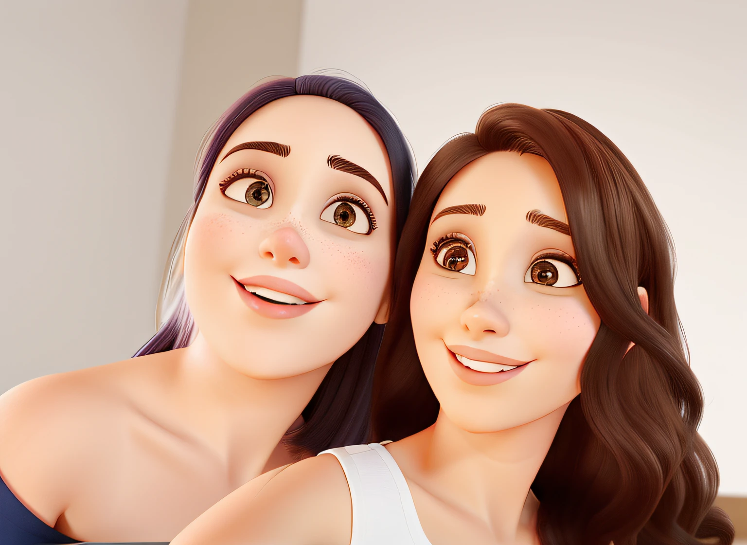 duas mulheres de pele branca, cabelos castanhos, olhos castanho escuro, one putting tongue, the other smiling forced