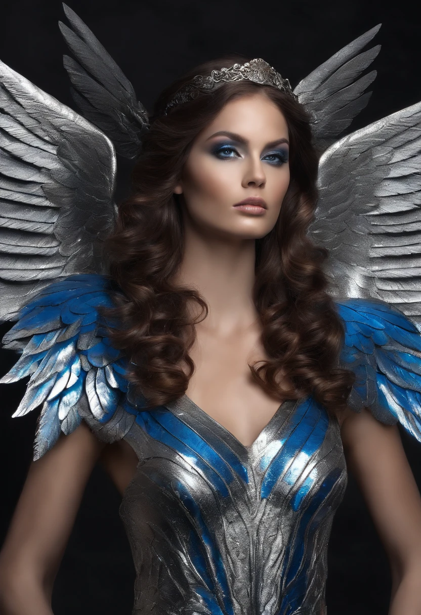 Metallic Angel with Metallic Wings Worn Steel ,olhos vermelhos ,rosto cybernetico com armadura branca e azul