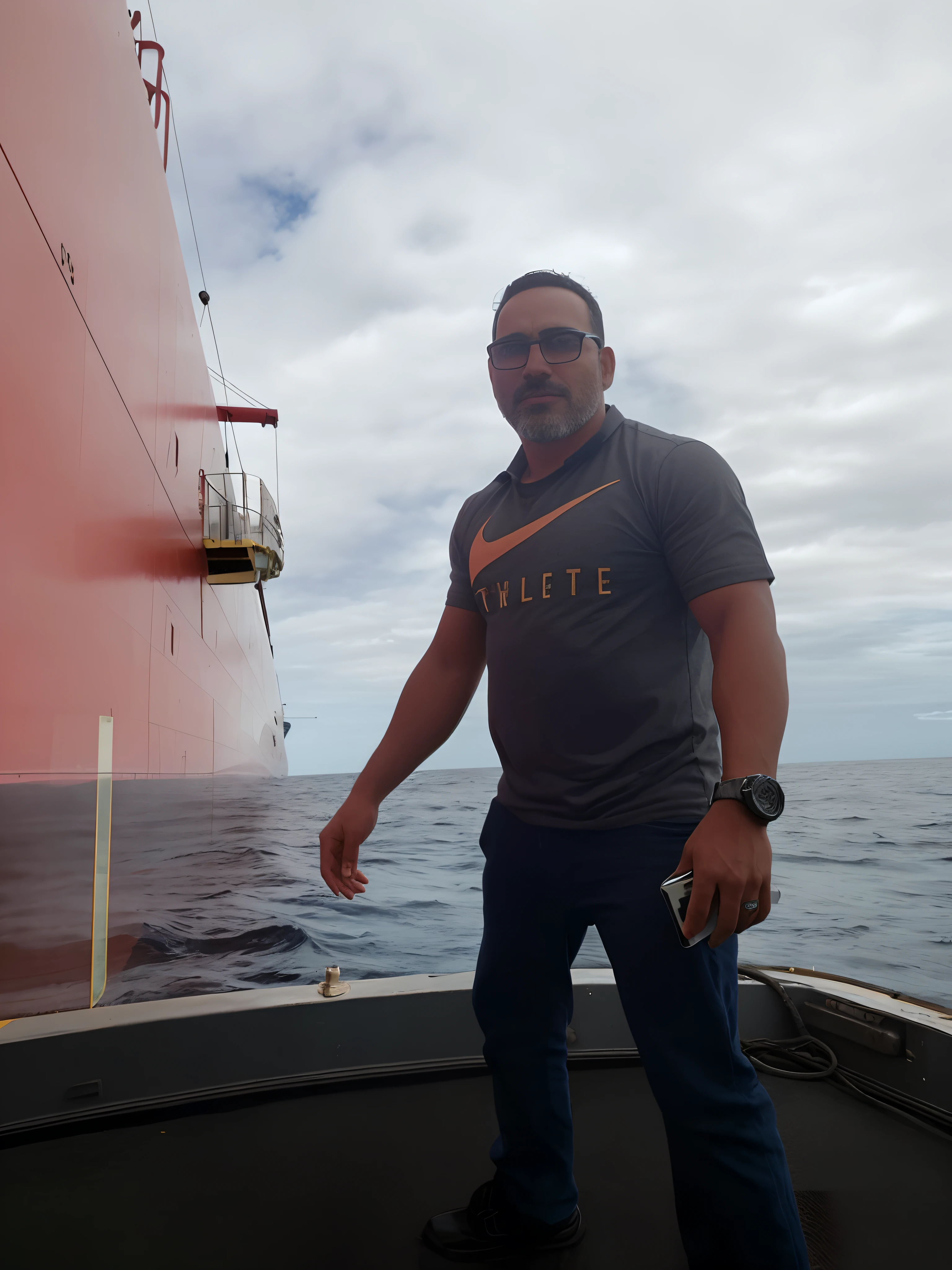 Arafed man standing on a boat in the ocean with a large ship in the background, standing on a ship deck, Standing on the deck of the ship, na proa, on the deck of a ship, rugged ship captain, Standing on Neptune, Picard em um estibordo, Standing in a shipwreck of a spaceship, no mar, no meio do oceano!!!!!