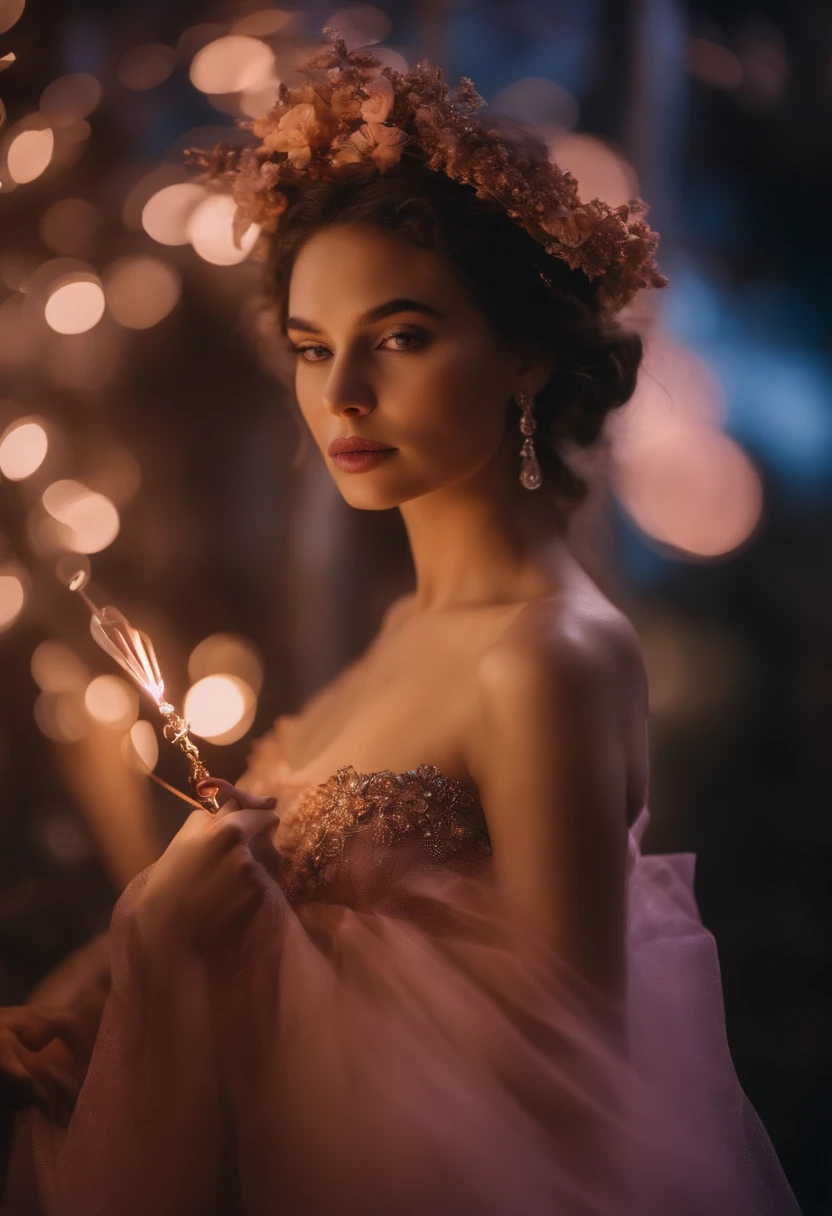 Foto colorida de uma fada flor misteriosa com asas coloridas transparentes, sentado em uma luz divina, com luzes neon, Holding a magic wand,simetria axial, and a magnificent background.Vestido prateado, salto alto, coroa da flor, Starry sky background, serene and enigmatic expression, Nikon Z7 II camera, Fujifilm Velvia 50 filme, Lente 50mm, high saturation, Tim Walker, David LaChapelle, Sofia Coppola, Valentine, Alexandre McQueen