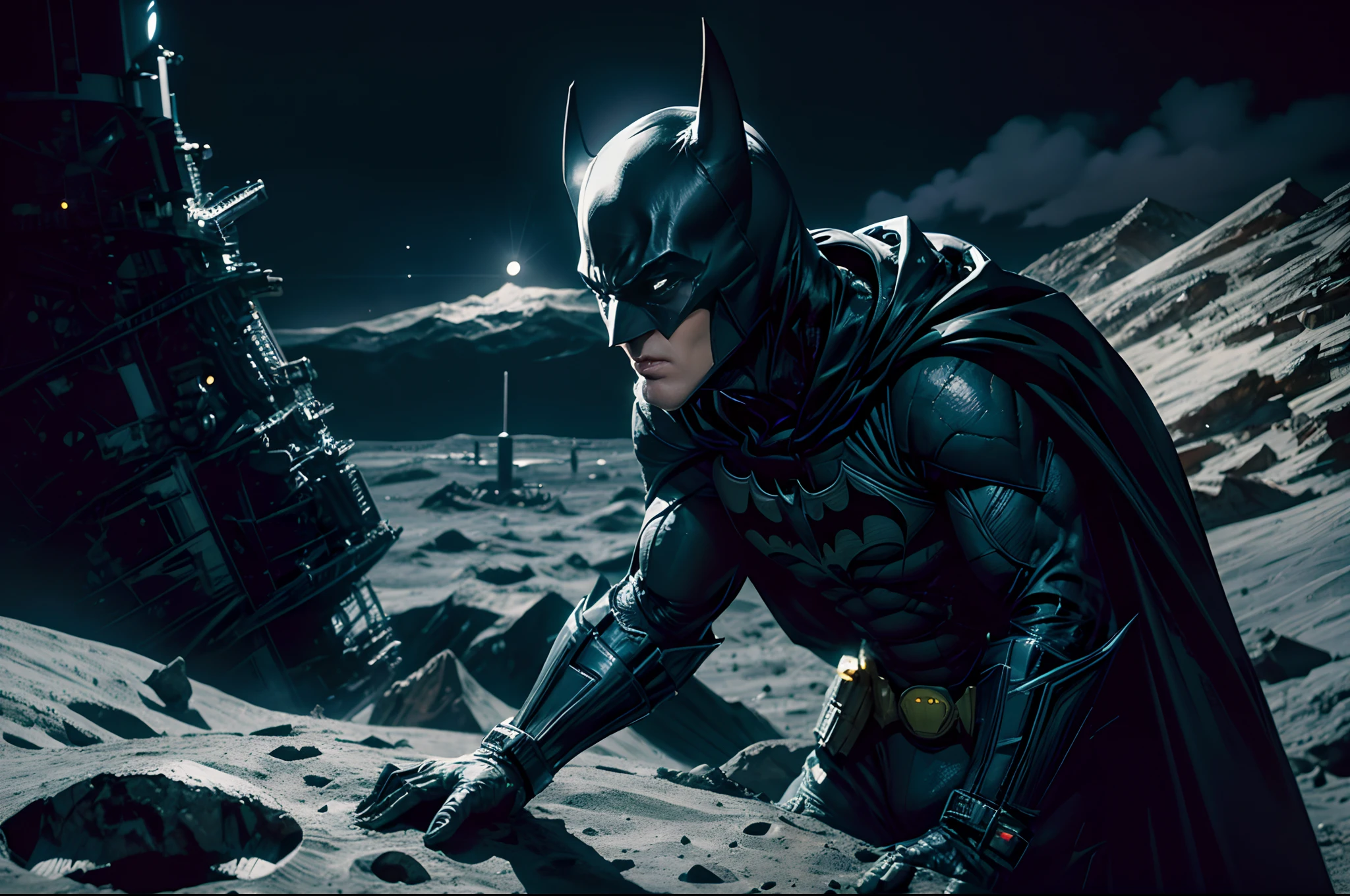 An alien [[Batman]], in traditional Batman outfit, seeing the traditional ((Batman signal on the Moon)) of an alien planet, alien landscape, extraterrestrial looking city, nighttime, highly detailed, photorealistic.