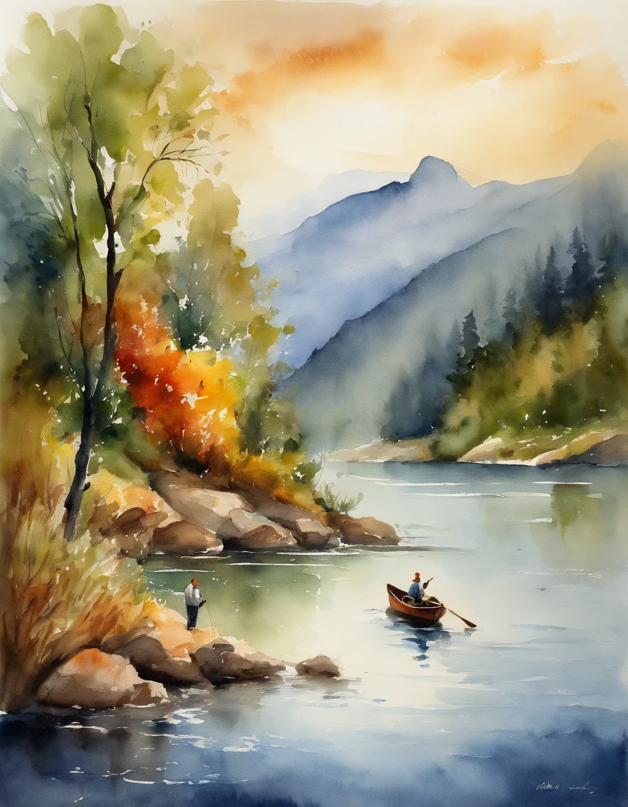 Buitiful hill river,lake .men in boat fishing