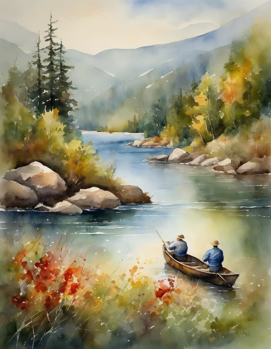 Buitiful hill river,lake .men in boat fishing