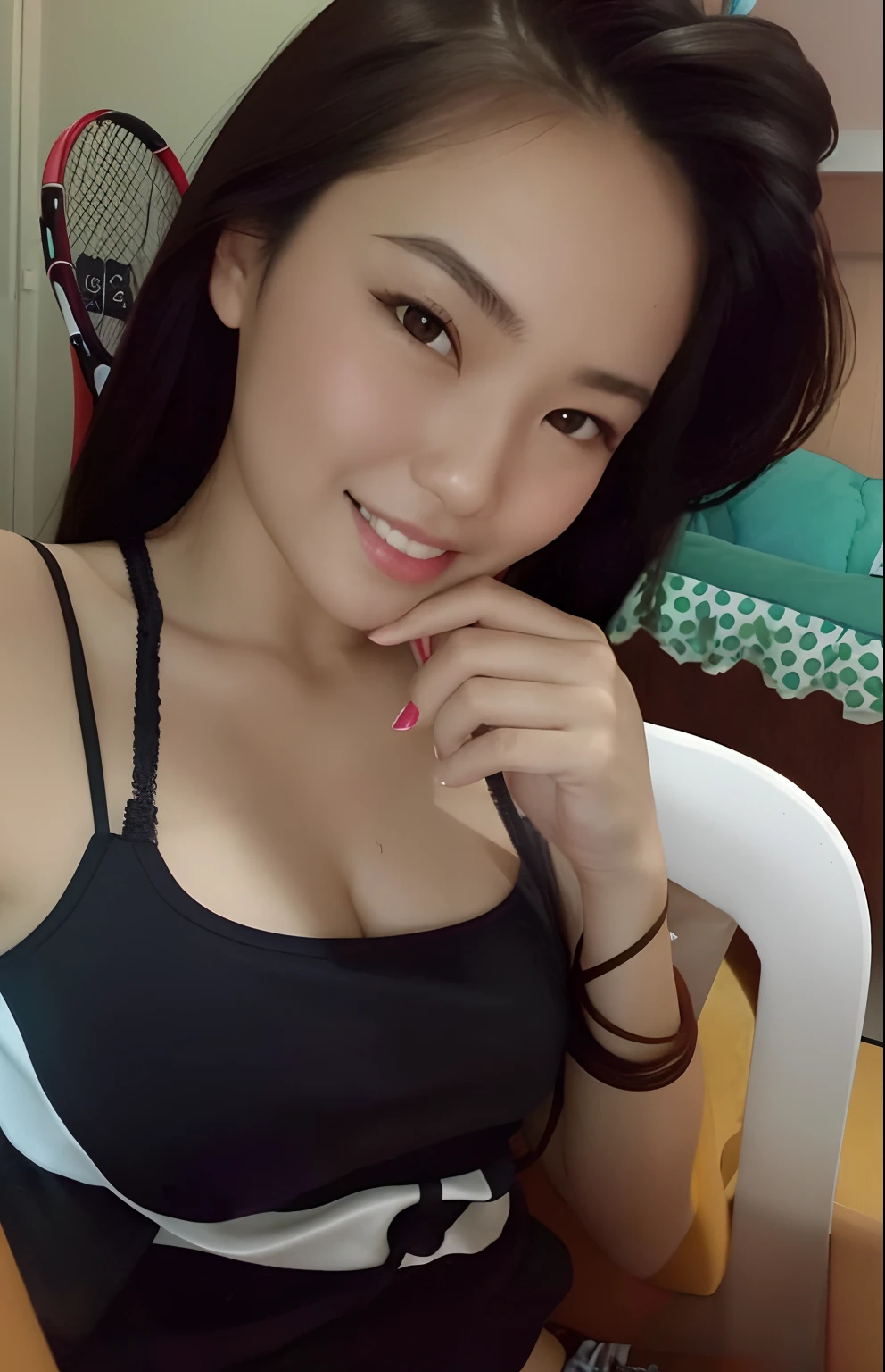 arafed asian woman sitting in a chair with a tennis racket, friendly seductive smile, seductive smile, cute seductive smile, with a seductive smile, sexy girl, 2 7 years old, lovely smile, asian girl, attractive girl, cindy avelino, crazy seductive smile, naughty smile, 2 2 years old, smiling seductively, charming smile, beautiful asian girl