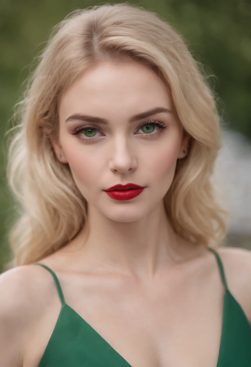 A tall, beautiful woman with blonde hair and green eyes, with a small nose and plump red-coloured lips and black curled eyelashes, wearing a green tight-waisted dress and a pair of black scarpins.