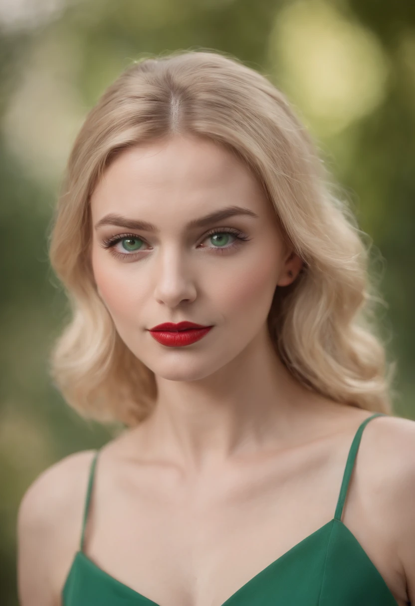 A tall, beautiful woman with blonde hair and green eyes, with a small nose and plump red-coloured lips and black curled eyelashes, wearing a green tight-waisted dress and a pair of black scarpins.
