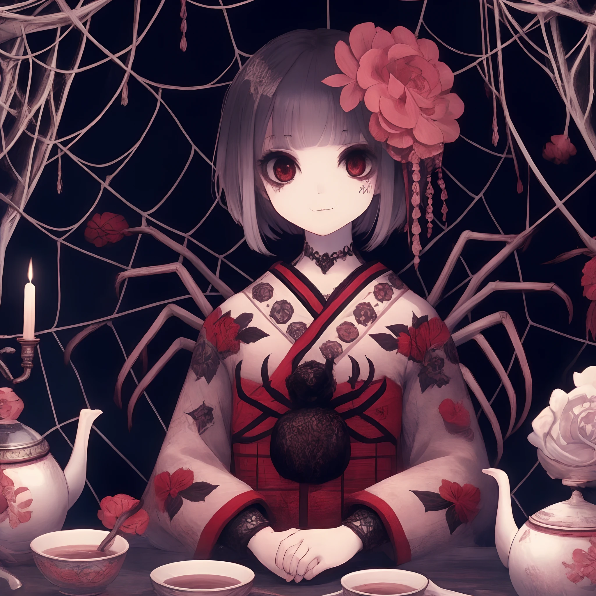 spider girl. She is wearing a Japanese style dress. Spider web embroidery. Tea party. Inside a dark mansion. candle. Rose flowers on the plate.