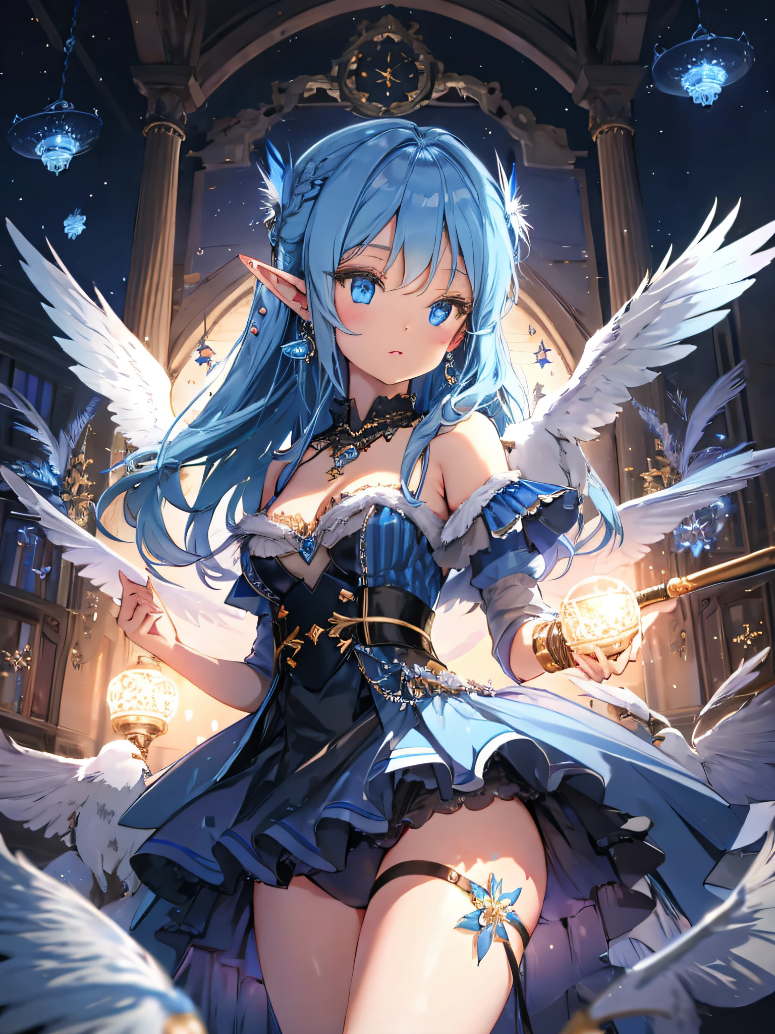 (Masterpiece, Best Quality, Highly Detailed CG, Beautiful Detailed Eyes, Super Detail, Intricate Detail: 1.2), 8k Wallpapers, Elaborate Features, (1girl, Solo: 1.4), Long Hair, Striped Hair, Elf, Hello, Look Viewer, Blue Eyes, Earrings, Panties, Ankle Bracelet, Big, Esoteric, Necklace, Wand, Blue Flame, Feathers, Bird, Magic Surround, Magic Wand, Magic Ball, Book, flying page, magic circle, spell, night, dark