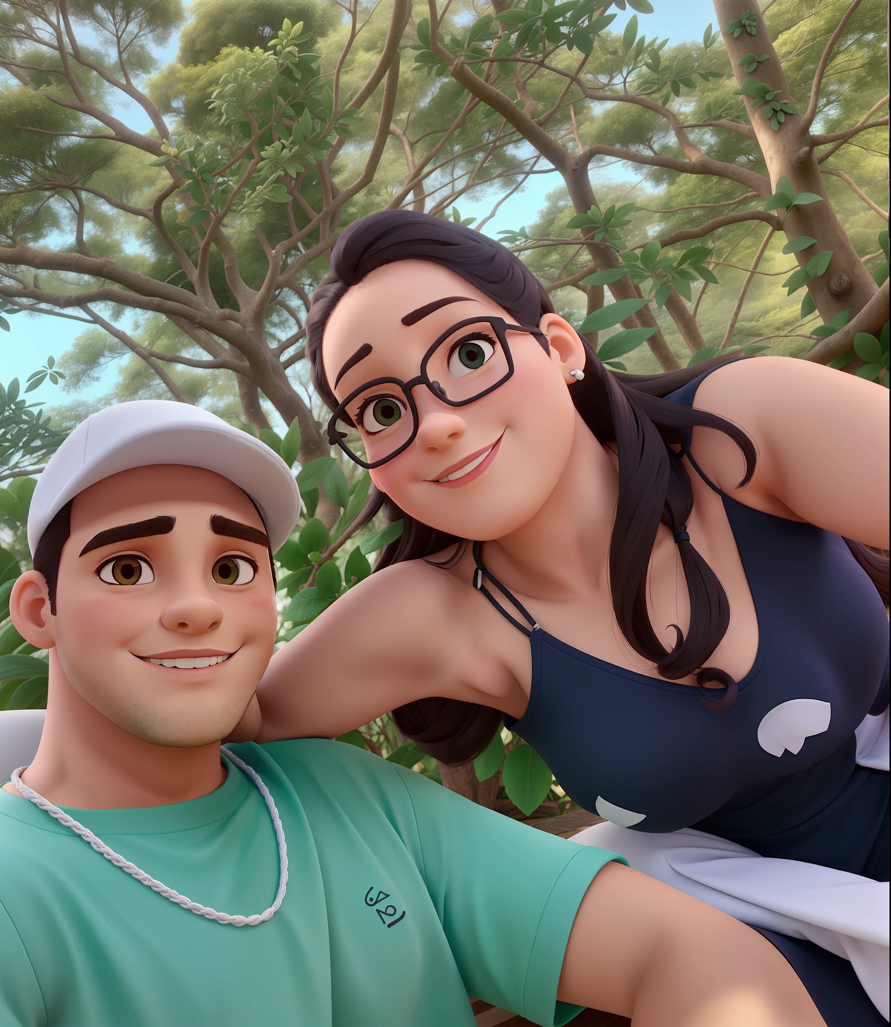Disney style couple with glasses smiling in the park.