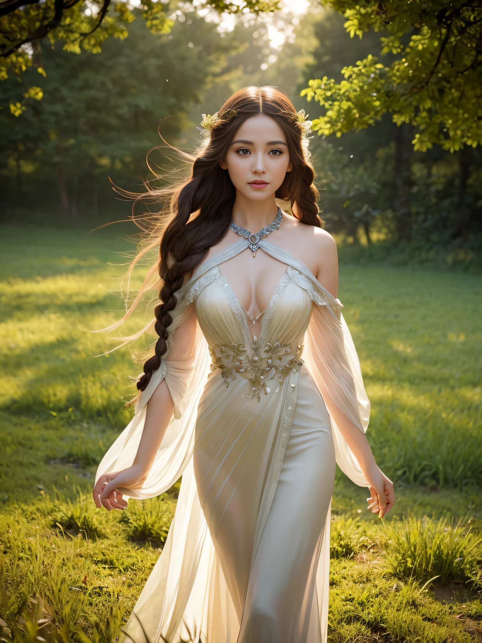 Graceful elven girl standing in meadow, Delicate face illuminated by the soft light of the setting sun. Her long, Flowing hair runs down your back, Decorated with intricate braids、Adorned with sparkling gemstones. This great photo is、、、It captures the ethereal beauty of elves. Slender figure in silk dress、Swaying in the soft steppe breeze. Attention to detail、Face that is、Face that is、Face that is、Face that is、Face that is、It is evident in the intricate patterns of the dress and the subtle highlights of the luminescence. skin. The breathtaking portrayal of the elven girl is、、、、、、Create an enchanting atmosphere、It invites the viewer to a magical world. Beautiful Elven Sorceress、About having a sorcerer's wand、awe-inspiring, Use fireball magic, He is trying to defeat the Demon King with explosive magic.