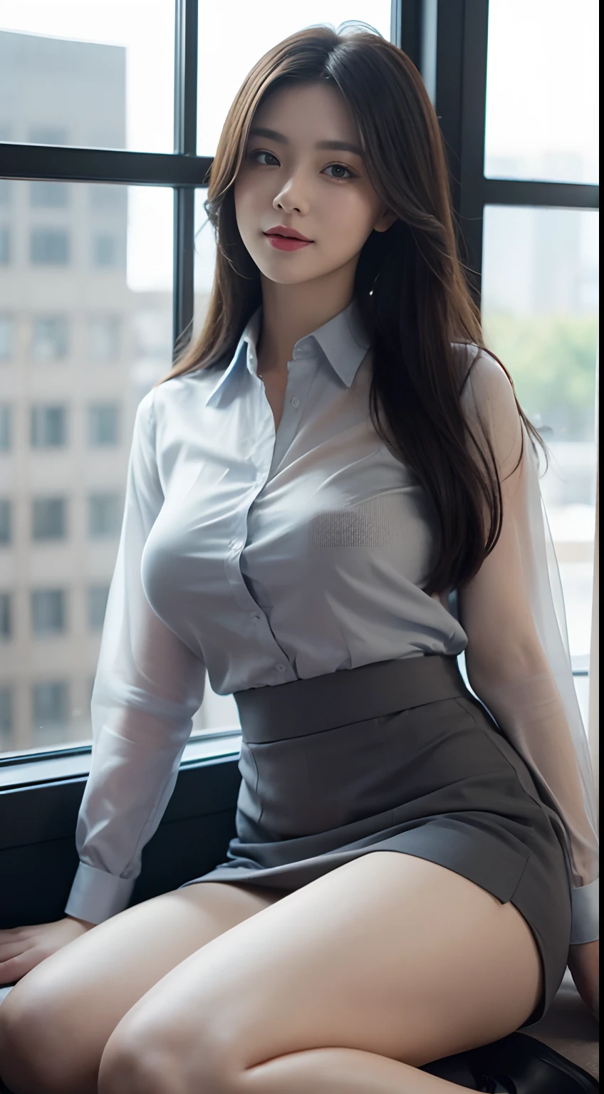 Masterpiece, Best quality, (Realistic, photo-realistic:1.37), 8K, An extremely delicate and beautiful, Amazing, finedetail, offcial art, absurderes, unbelievable Ridiculous, hugefilesize, Ultra-detailed, Extremely detailed,（Realistic skin）， Beautiful and delicate girl, 1girll, (perfect women figure)，full body pov, mediuml breasts，Wear a business see-through shirt，grey skirt，Wearing black stockings，The thighs are tied with straps，Stand by the office window，tiese，ssmile