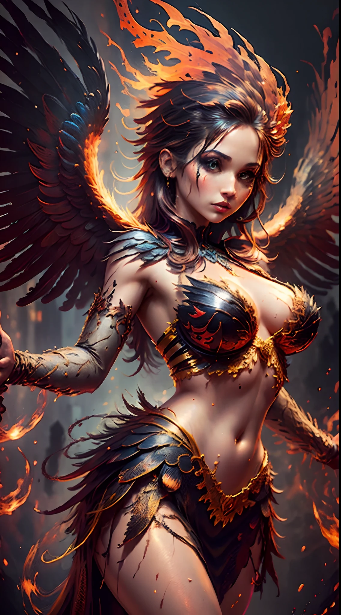 Graffiti of Detailed portrait of (phoenix) woman, woman, Feathers, skin dentation, navel, red and black, fire, fantasy, bird woman, masterpiece, best quality, dynamic pose, fire red dress, wings, intricate details, intricate