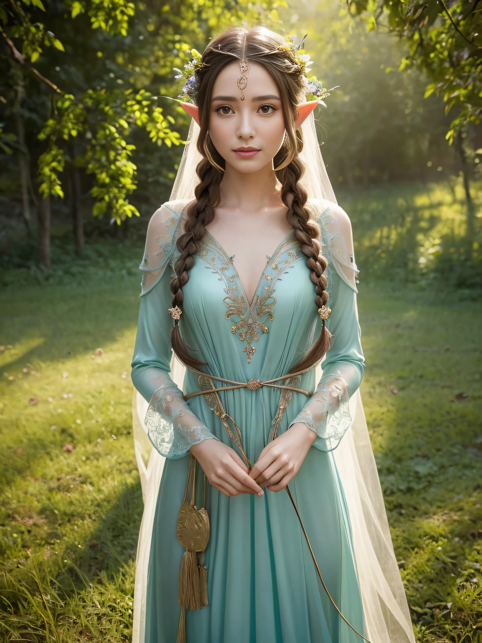 Graceful elven girl standing in meadow, Delicate face illuminated by the soft light of the setting sun. Her long, Flowing hair runs down your back, Decorated with intricate braids、Adorned with sparkling gemstones. This great photo is、、、It captures the ethereal beauty of elves. Slender figure in silk dress、Swaying in the soft steppe breeze. Attention to detail、Face that is、Face that is、Face that is、Face that is、Face that is、It is evident in the intricate patterns of the dress and the subtle highlights of the luminescence. skin. The breathtaking portrayal of the elven girl is、、、、、、Create an enchanting atmosphere、It invites the viewer to a magical world. Beautiful Elven Sorceress、About having a sorcerer's wand、awe-inspiring, Use fireball magic, He is trying to defeat the Demon King with explosive magic.