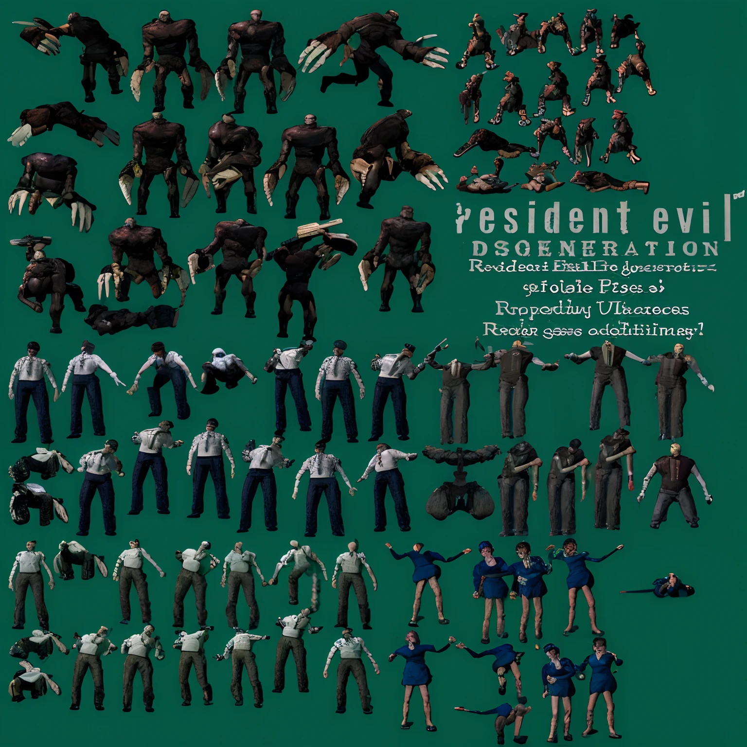 um close up de um monte de pessoas em diferentes poses, Resident Evil Inspirado, fundo do jogo Resident Evil, resident evil virus concept art, Resident Evil, Spritesheet vfx!!!!!, horror!! altamente detalhado, PSD Spritesheet, Conjunto de sprites HD de alta qualidade, modelos de caracteres de alto detalhe, folha de sprite, Resident Evil 1, Spritesheet, Pixel, pixel art