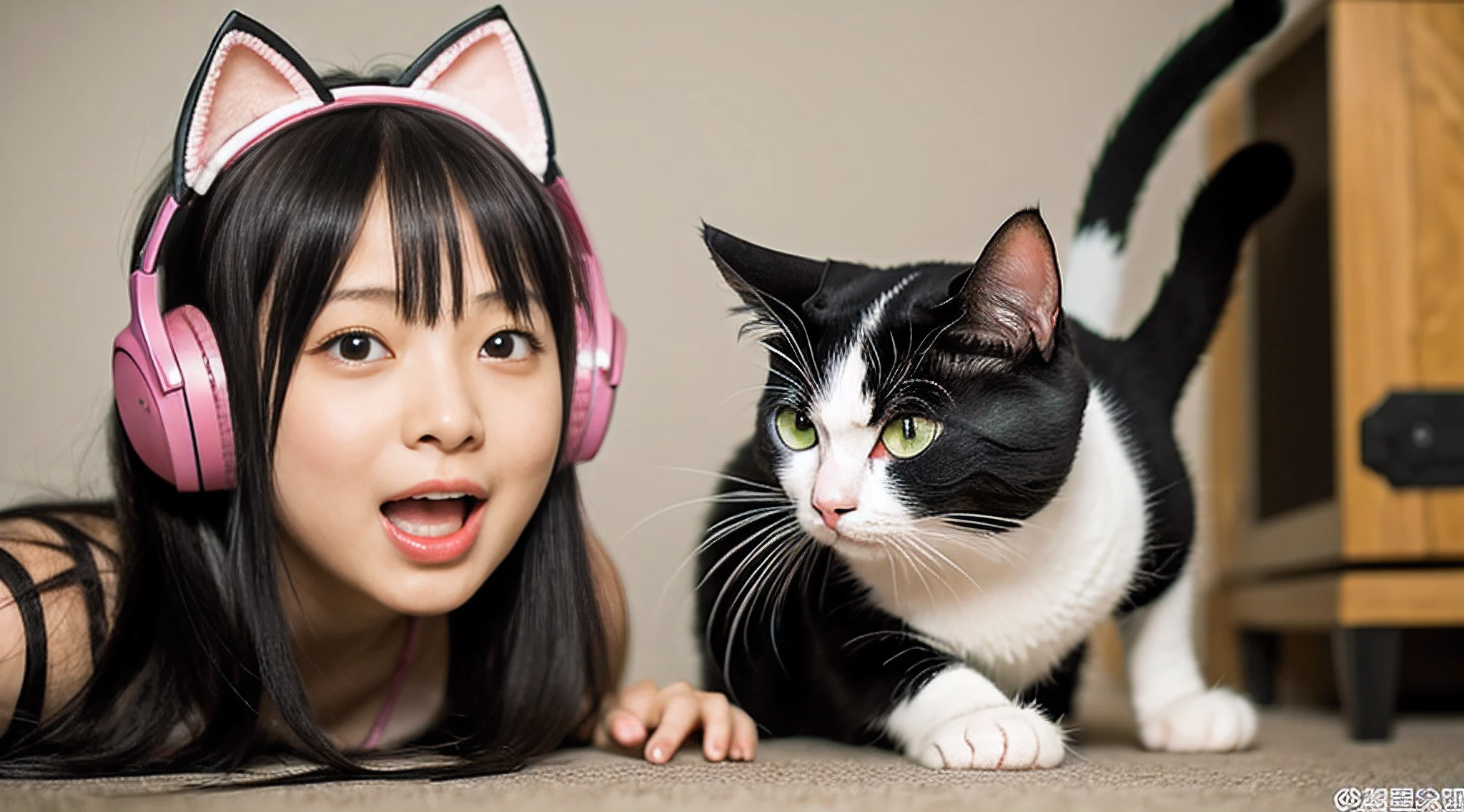 Woman in light maid clothes lying in bed with black cat, Smiling Woman、No makeup、smiling girl、Vlchats in thin maid clothes, Nekomimi, maid! attractive cat girl, Wearing Apple products in VR, very beautiful cute catgirl, Girl in VR headset, catgirl, Cat Girl, hololive, Wearing a VR headset, Wear VR goggles、Indoors bathed in the white light of the morning sun、clothes reflecting light、age woman's skin reflecting light、Fashionable choker black cat、White curtains、There is a white curtain that transmits light、Black cat in a good mood、Teenwoman arm trying to touch cat's tail、Maid clothes reflecting the morning light、Cat Shadow、Fair-skinned young girl lying on bed、Black cat sitting in bed、Girl and Black Cat、Teenage 's arms are translucent、Veins are visible inside、Anatomical internal muscles and blood vessels on the skin of the arm are faintly visible.、Thin anatomical tendons and veins are also visible on the nape of the girl's neck.、with a slender body、In the arms of a girl、shiny hair is faintly visible.、Beautiful black rich fur of cats、masterpiece、Delicate black-haired girl、maid clothes、The girl's thin arms and hands are transparent、Slender little teenage girl々Shii Black Cat、Photographer girl's face reflected on the glass surface of high-end headset(0.9)、Beautiful black cat coat、The eyes of the black cat also reflect the image of the girl who took the photo.(0.9)、top-quality(0.8)、masterpiece、contest winner