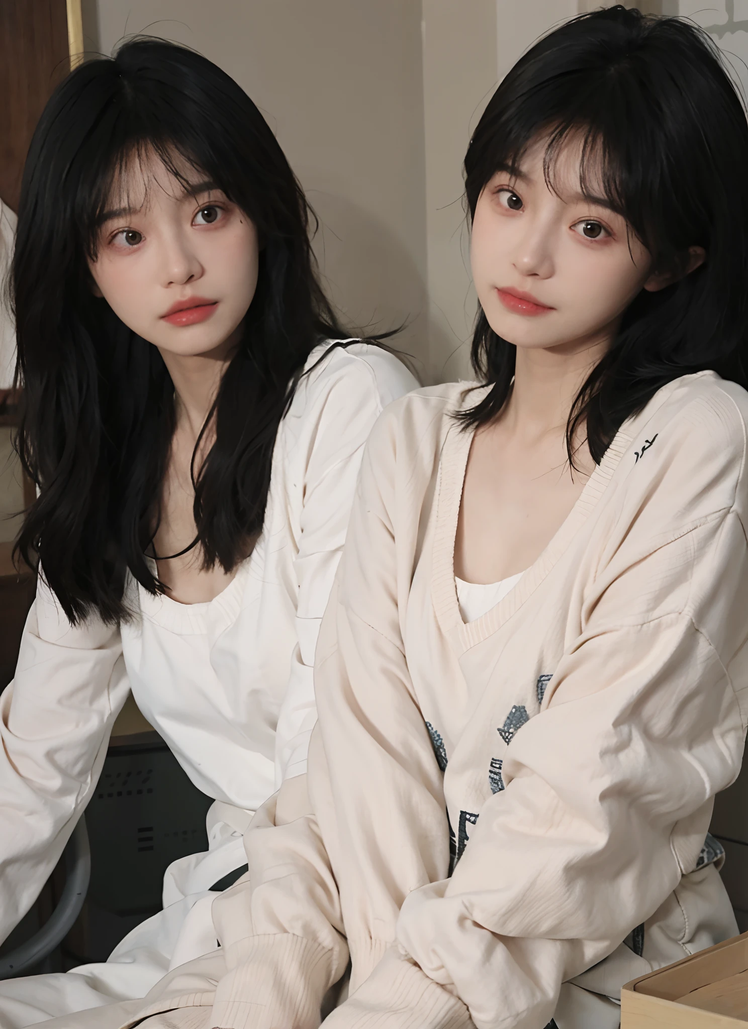 best qualtiy, 超高分辨率, (realisticlying:1.4), one-girl,Pink Long Hair, plain face,A pair of clear and moving eyes,Royal Sister,Beige sweater, looking at viewert, closeup cleavage ,