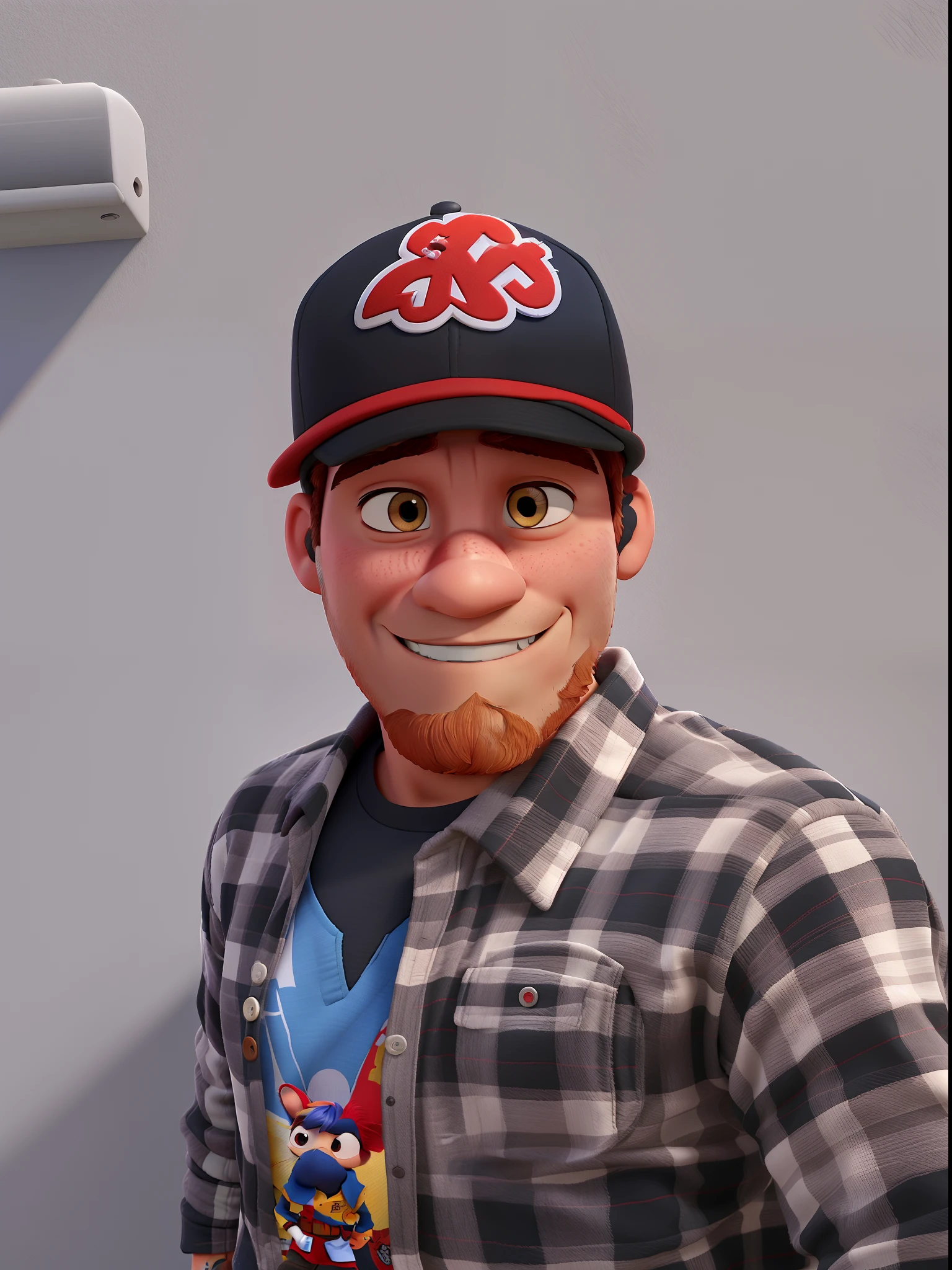 Um homem moreno, com pelos faciais pretos medianos , Camisa cinza e blusa xadrez vermelha e preta estilo Disney Pixar,alta qualidade, melhor qualidade