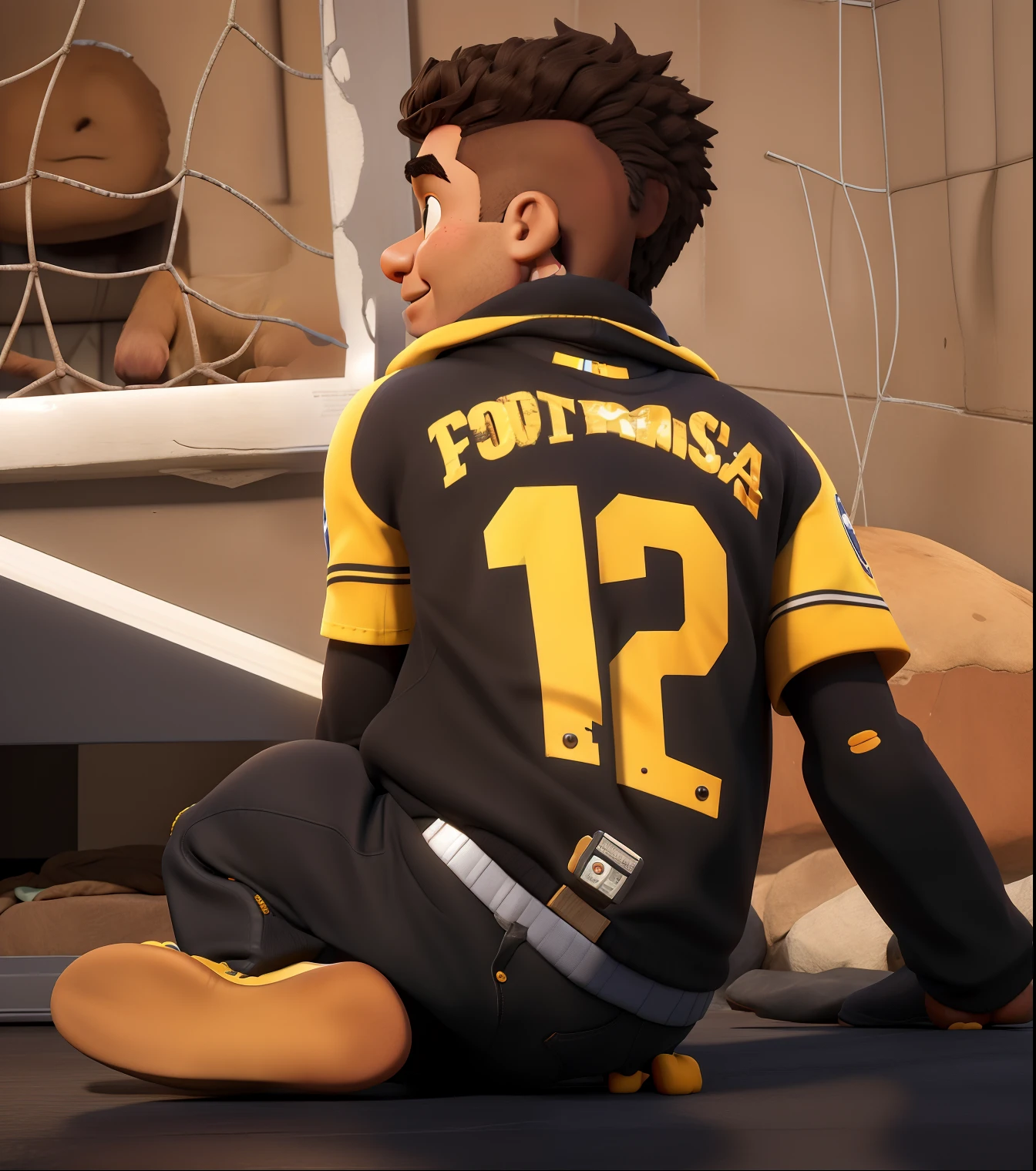 Retrato de um menino de 7 anos com roupa de goleiro e amarelo,, meio corpo, olhando para o telespectador, sorrindo, estilo chibi, cenario de futebol, fundo desfocado, profundidade de campo, detalhado, desenho animado, desenho com tracos do desenhista alex ross, unreal engine, qualidade pixar 8k