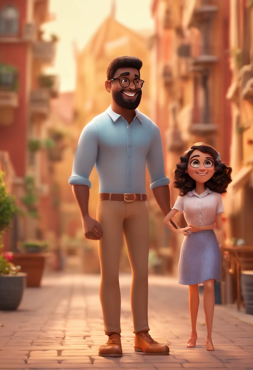An illustration of an adorable couple, Highlighting a chubby mulatto man wearing glasses smiling and a brunette woman with beautiful expressive eyes - the man's skin is mulatto and the man's hair haswhile the woman's skin is black and the woman's hair is straight and brown. They are a bright room, cada um com um sorriso no rosto, e compartilhar um momento especial caracterizado pelo amor, Insights. Illustrate this scene from a perspective where they are facing the camera, Smiling and Showing Your Connection. Desenvolva esta arte em Full HD, Focus on your cinematic touch, Estilo Disney Pixar Animations
