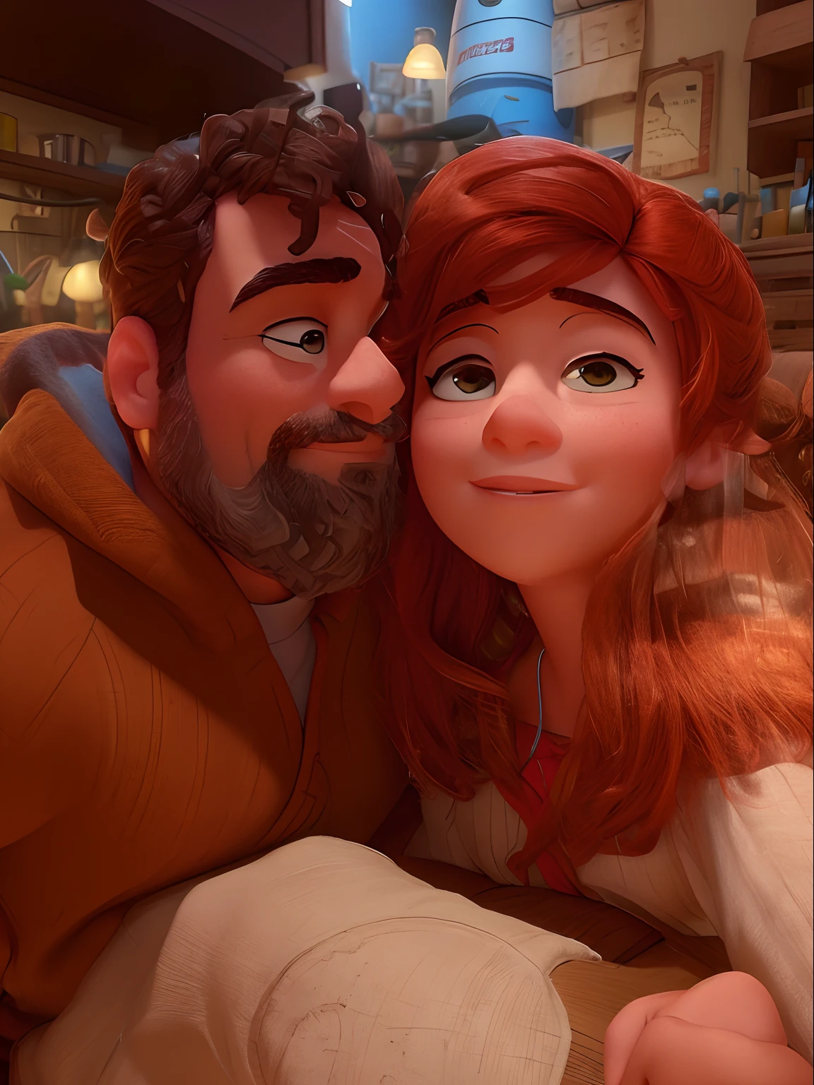 Um homem moreno de 32 anos e uma mulher branca de 32, ambos de olhos l castanhos, sentados, estilo pixar, alta qualidade, melhor qualidade