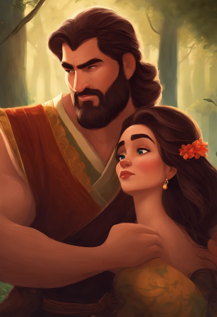 crie um desenho, estilo capa da Pixar com um casal. ele moreno, mais baixo que ela, com barba e cabelo samurai. ela morena, gorda, cabelo curto, escuro.