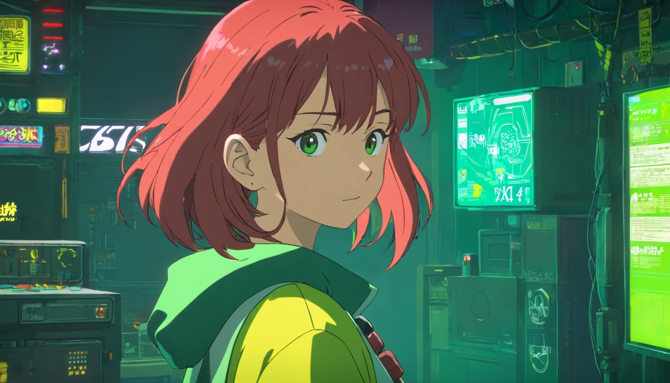 A red-haired woman in a green shirt in front of a black animated backdrop, menina lofi, 8 0 s vibe anime, anime vibes, Digital anime illustration, retro anime girl, menina anime sedutora, Elogio Artstyle, no estilo de arte do anime 8 0 s, estilo anime. 8k, arte digital do anime cyberpunk, estilo anime 4K, mulher com pouca roupa.