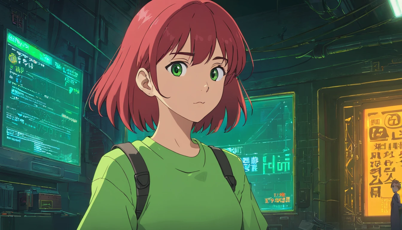 A red-haired woman in a green shirt in front of a black animated backdrop, menina lofi, 8 0 s vibe anime, anime vibes, Digital anime illustration, retro anime girl, menina anime sedutora, Elogio Artstyle, no estilo de arte do anime 8 0 s, estilo anime. 8k, arte digital do anime cyberpunk, estilo anime 4K, mulher com pouca roupa.